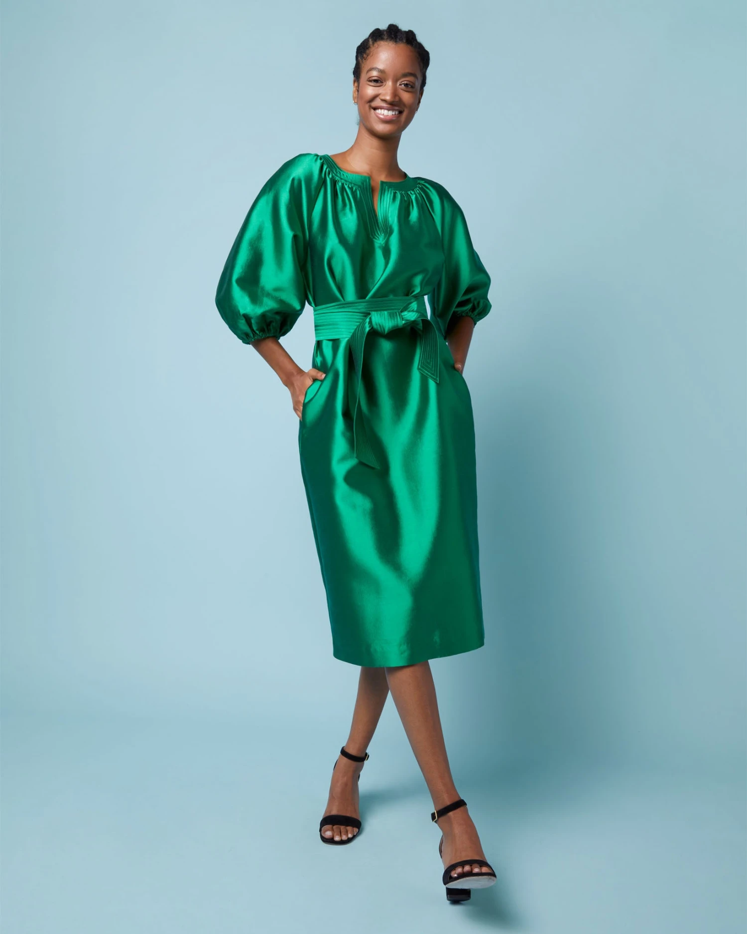 Trapunto Blouson Dress In Emerald Silk/Wool - Image 12