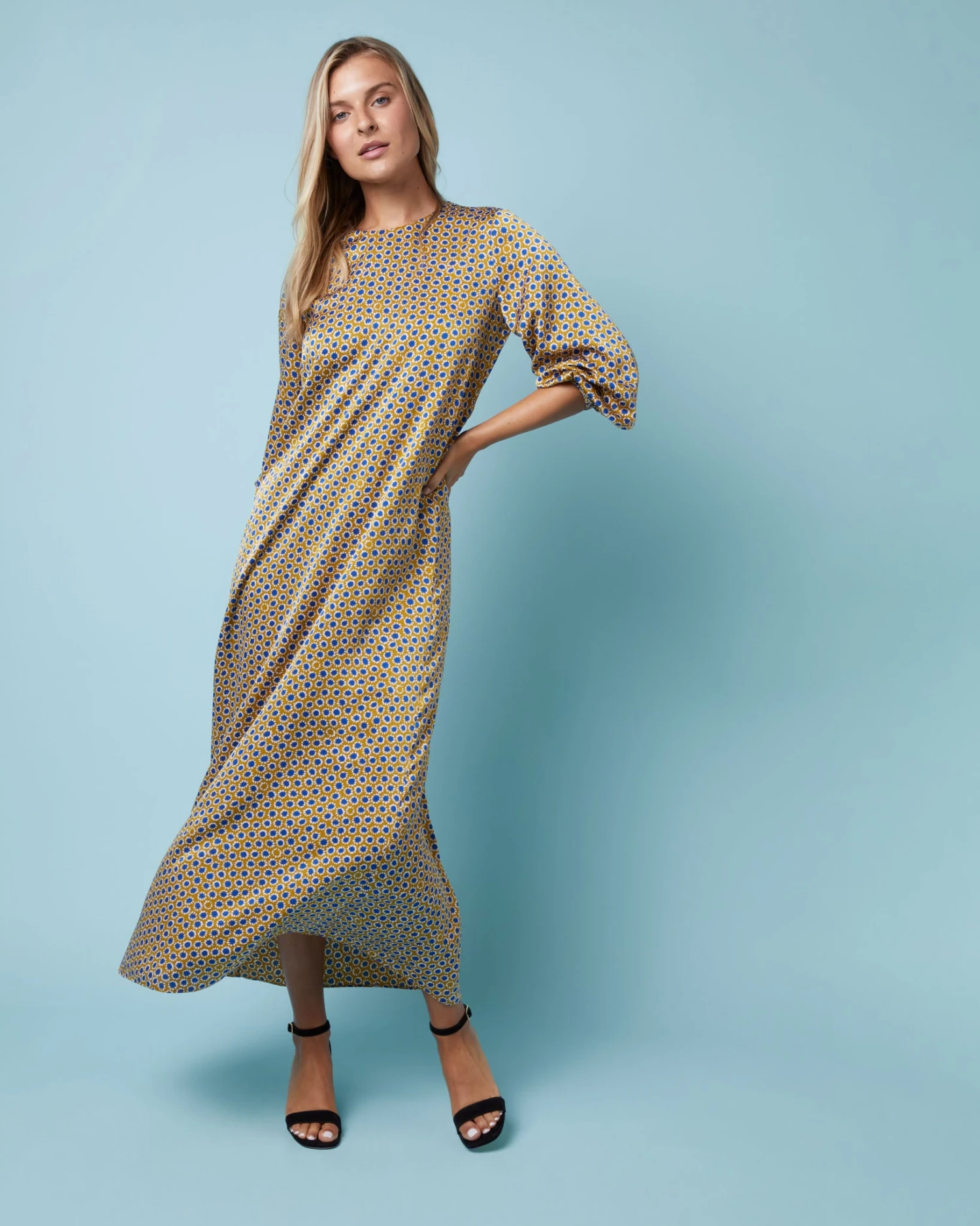 Long-Sleeved Paige Maxi Dress In Gold/Sapphire Sunflower Charmeuse - Image 8