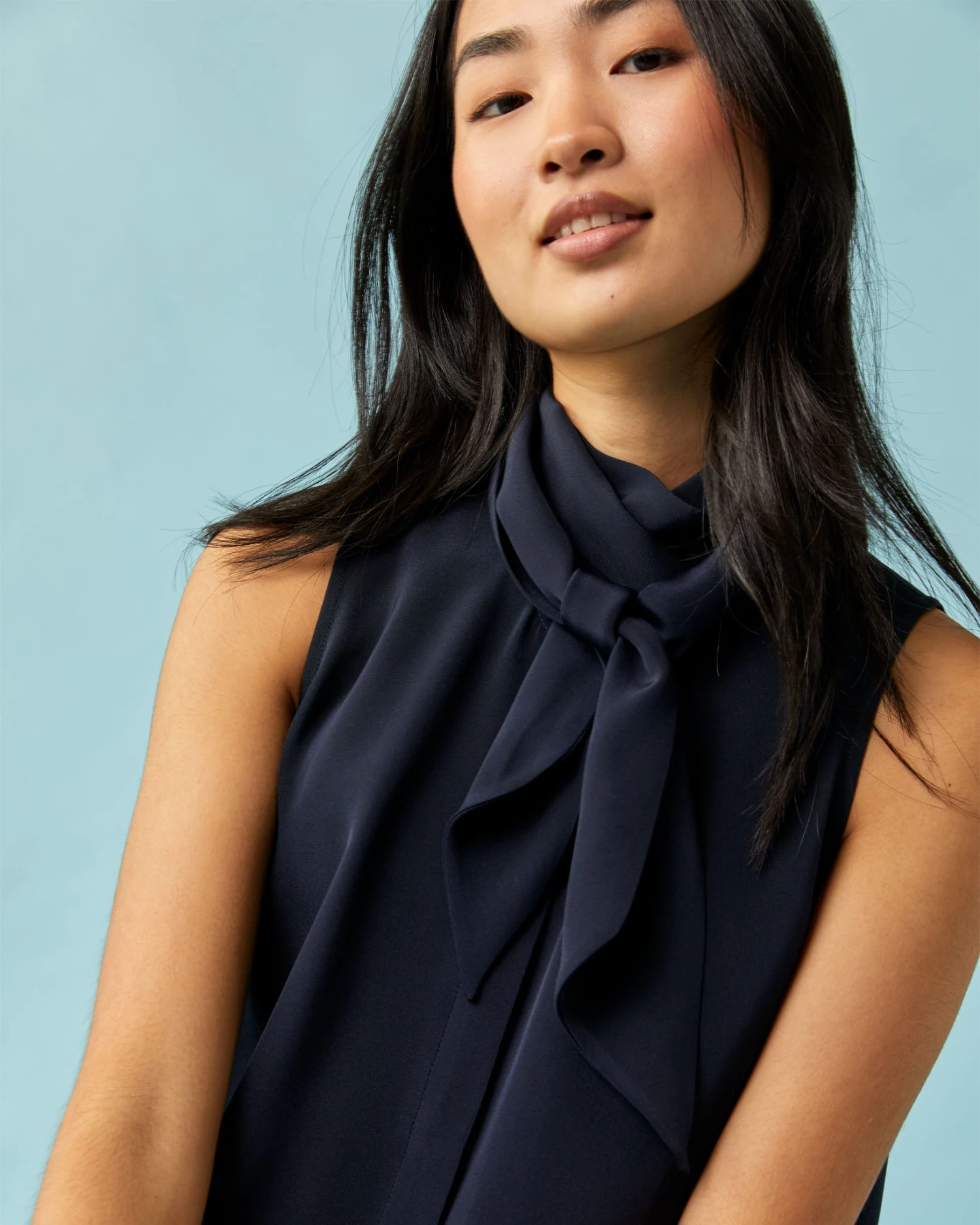 Sleeveless Tie-Neck Blouse In Navy Silk Crepe De Chine - Image 7