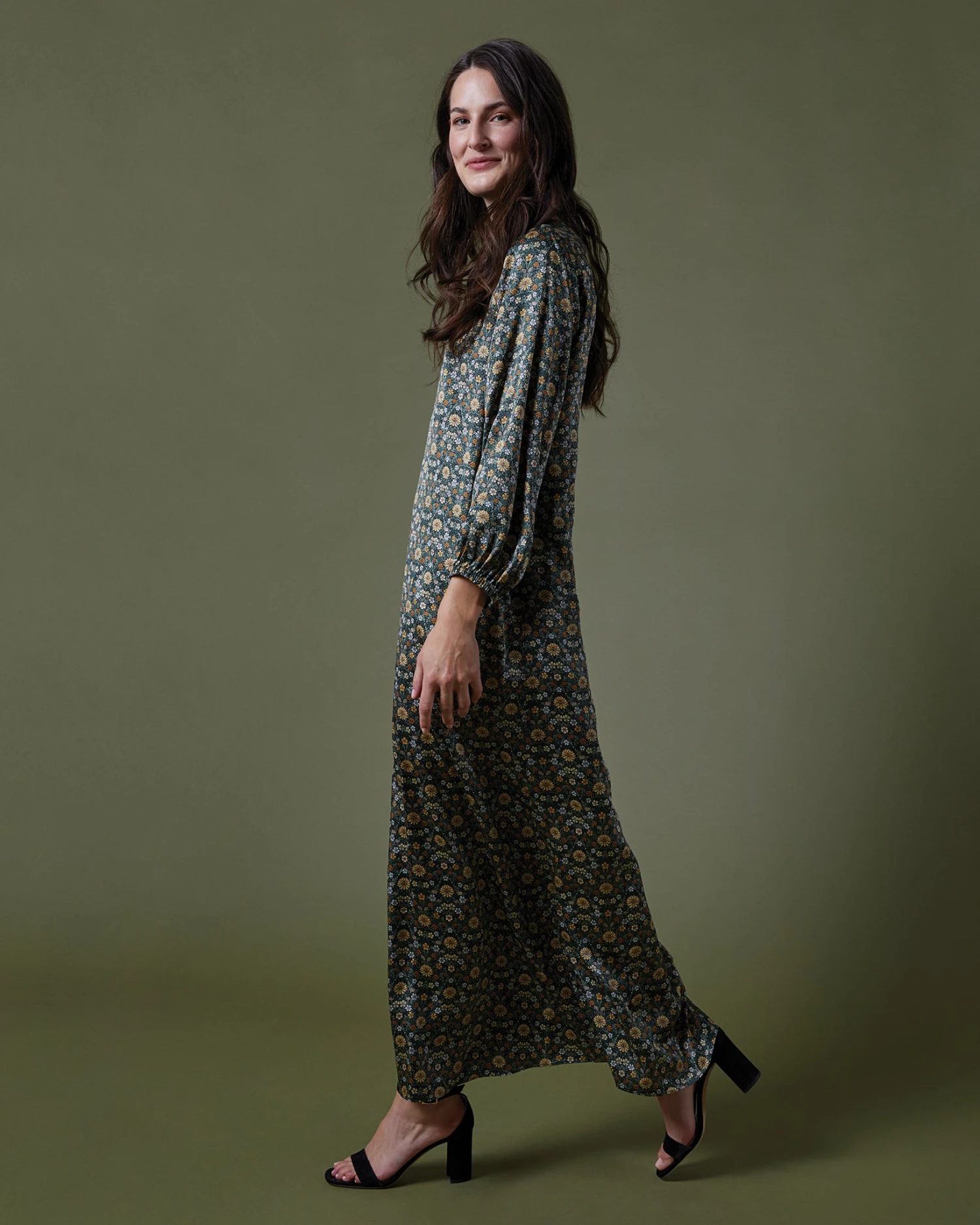 Long-Sleeved Paige Maxi Dress In Hunter/Gold Moon Flower Liberty Fabric Silk - Image 7