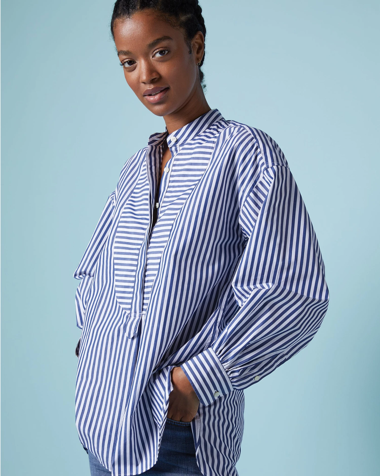Indira Bib-Front Tunic In Navy Awning Stripe Poplin - Image 9
