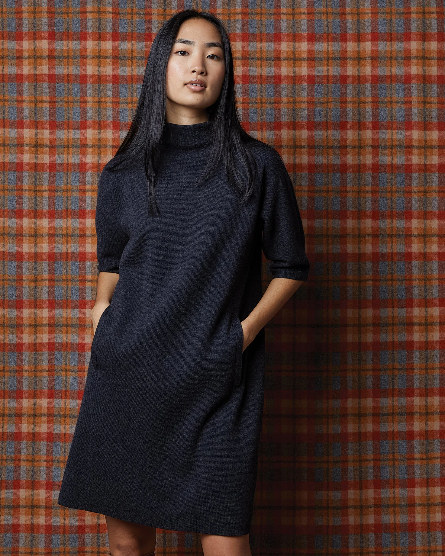 Rowan Short-Sleeved Funnel-Neck Dress In Heather Coal Merino Wool - Image 8
