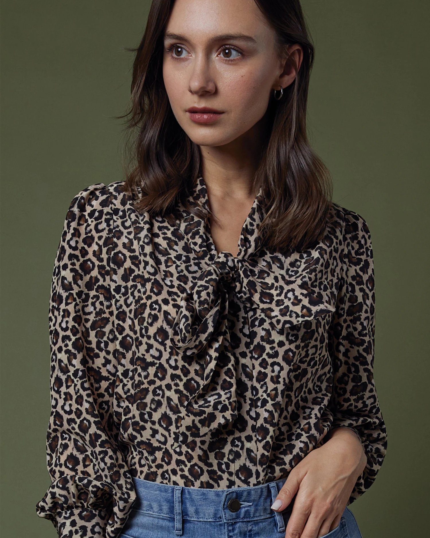 Helene Tie-Neck Blouse In Camel/Black Painterly Leopard Crepe De Chine - Image 10