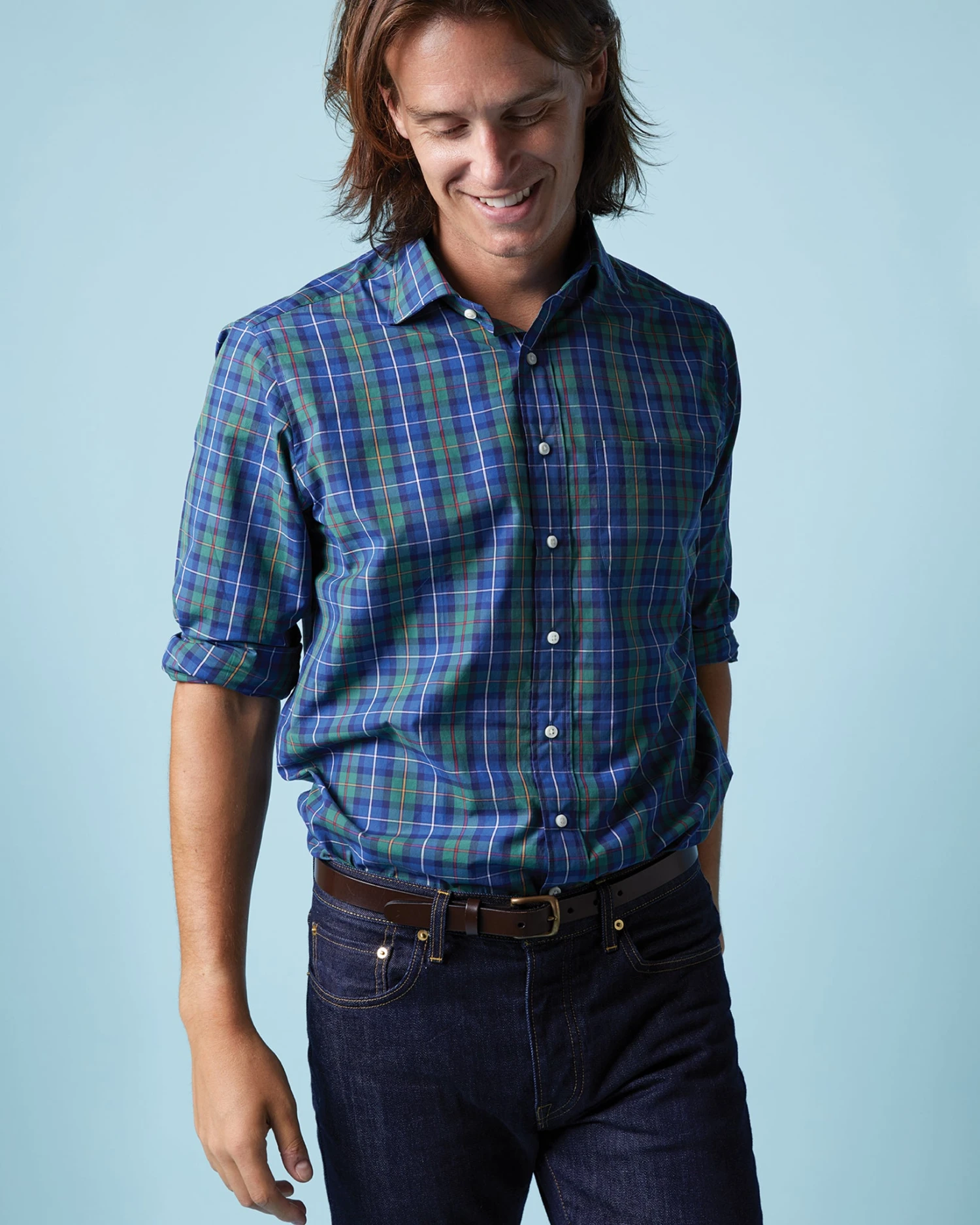 Spread Collar Sport Shirt In Green/Blue/Yellow Plaid Poplin - Image 2