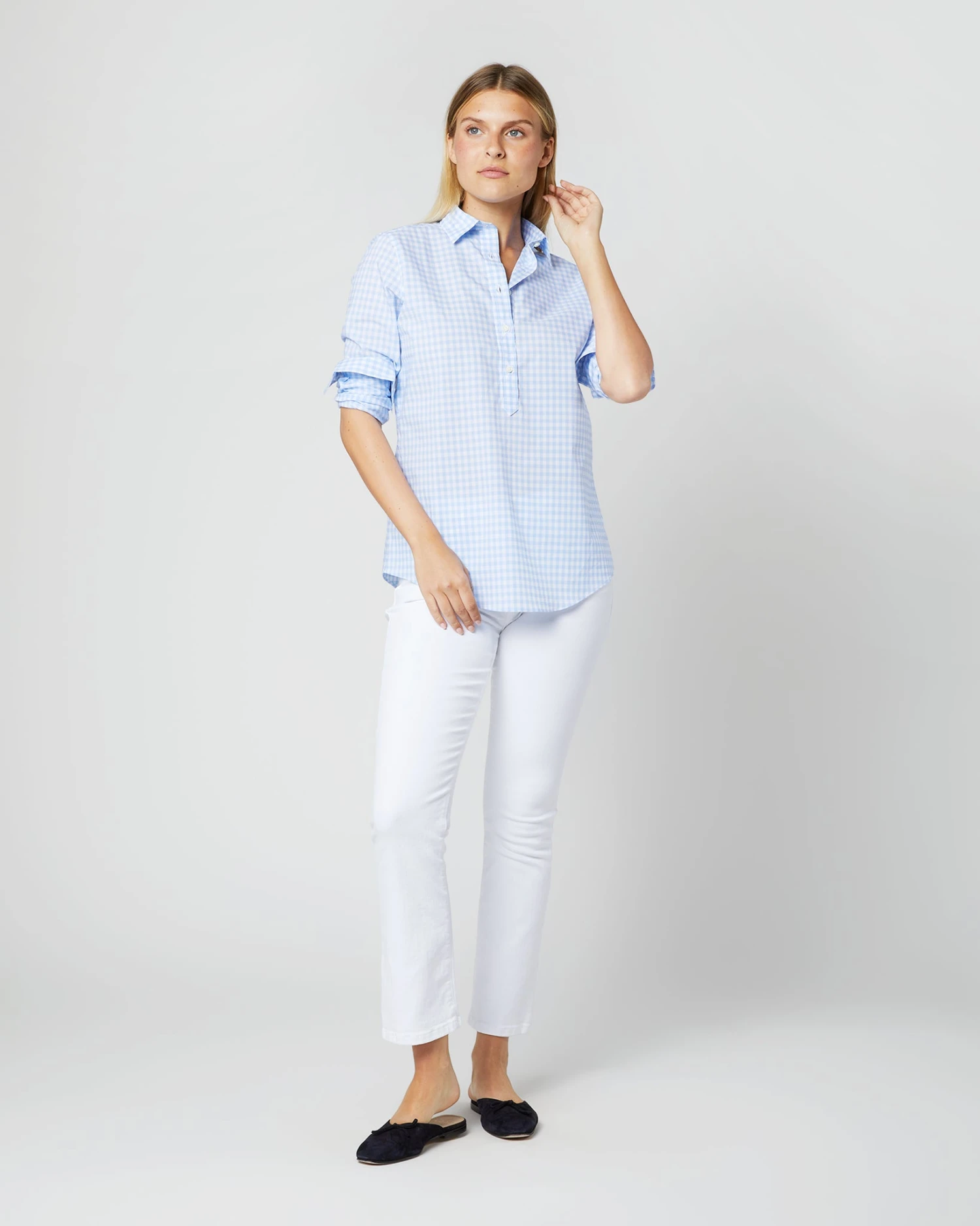 Tomboy Popover Shirt In Sky Blue Gingham Poplin - Image 6