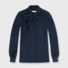 Tie-Neck Blouse In Navy Silk Crepe De Chine