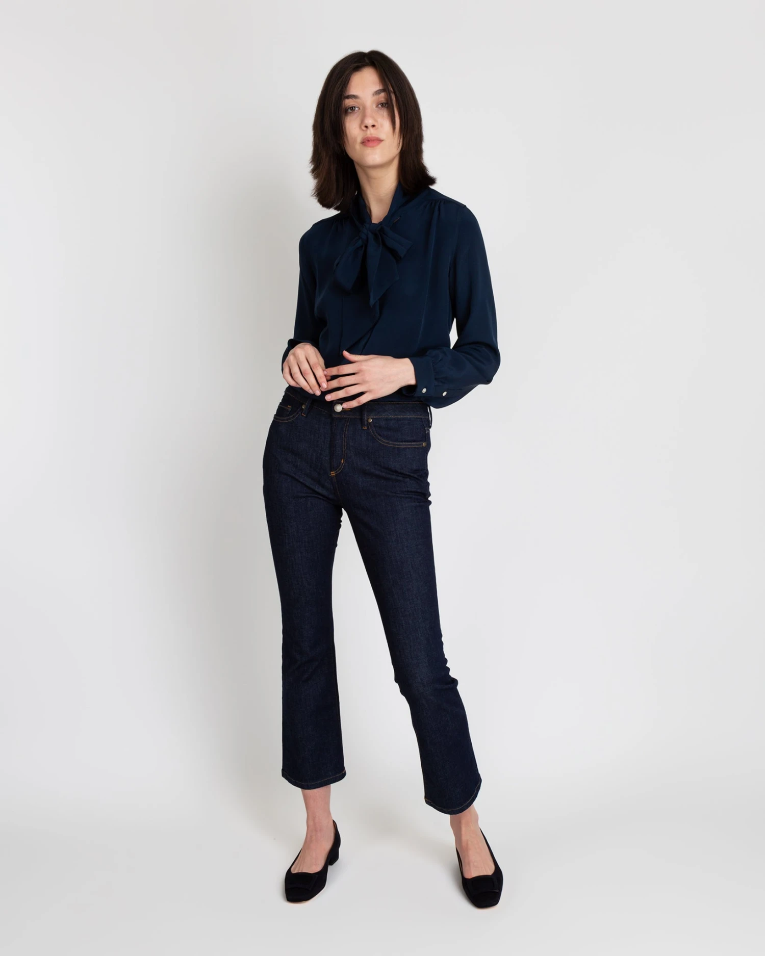 Tie-Neck Blouse In Navy Silk Crepe De Chine - Image 2