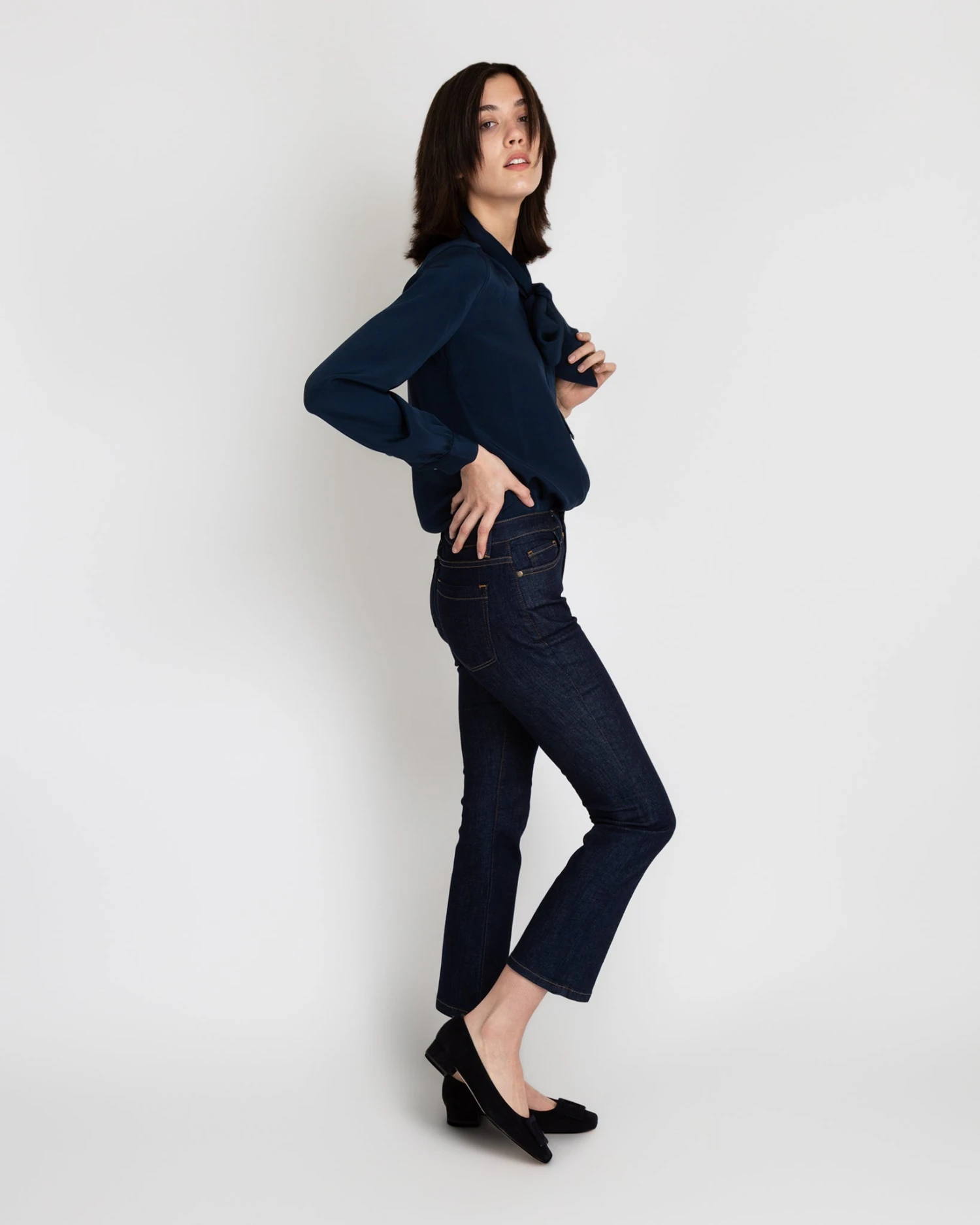 Tie-Neck Blouse In Navy Silk Crepe De Chine - Image 3