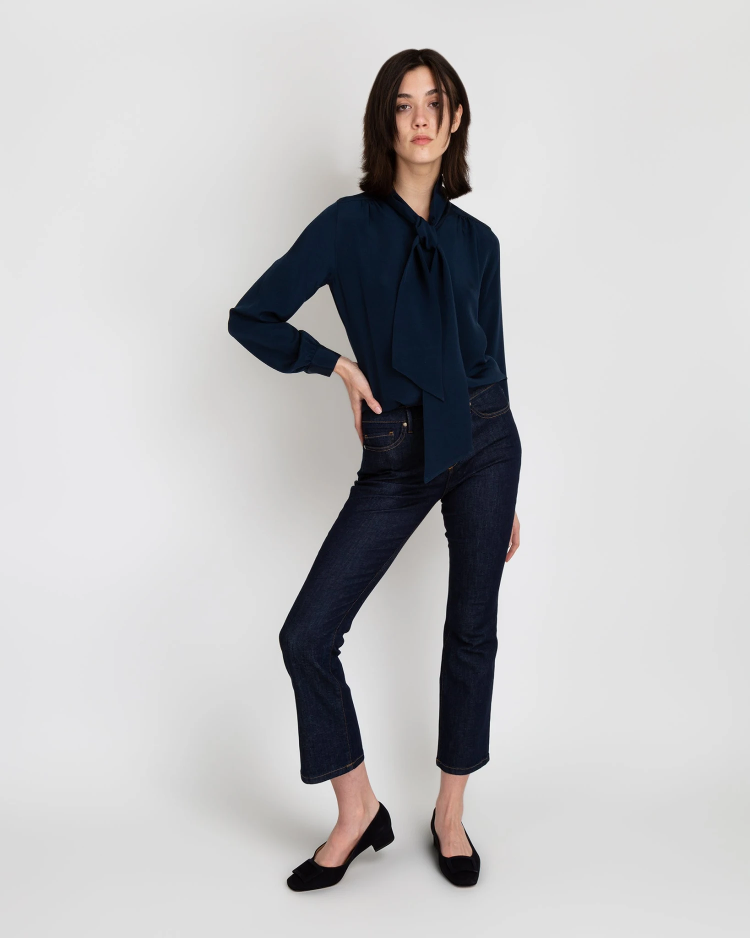 Tie-Neck Blouse In Navy Silk Crepe De Chine - Image 5