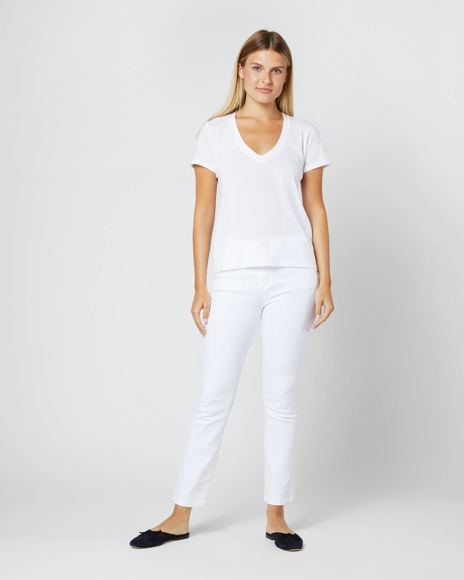 Short-Sleeved Deep-V Tee In White Pima Cotton - Image 2