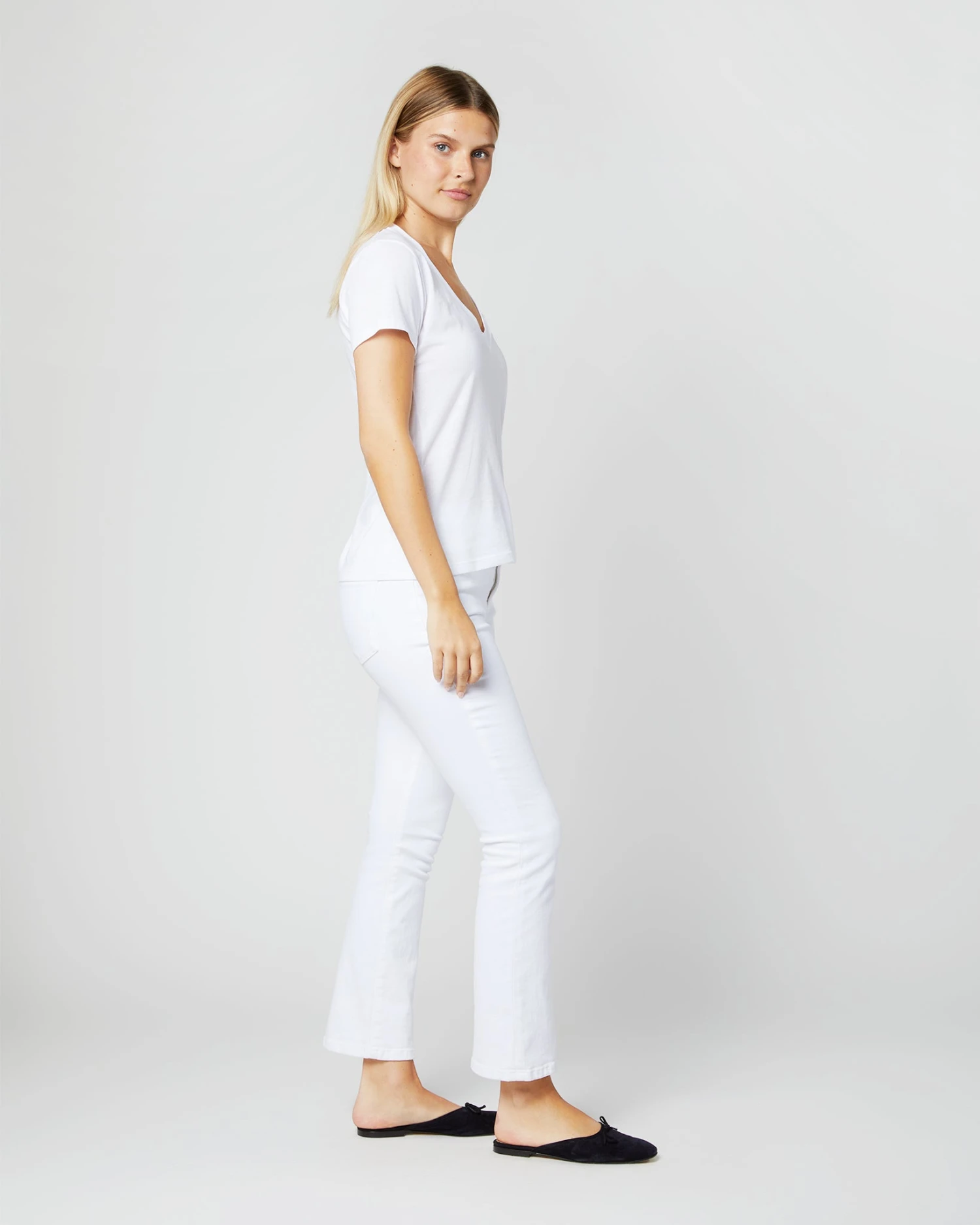 Short-Sleeved Deep-V Tee In White Pima Cotton - Image 5