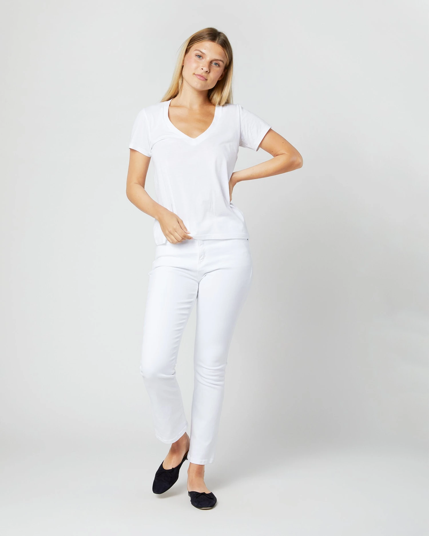 Short-Sleeved Deep-V Tee In White Pima Cotton - Image 6