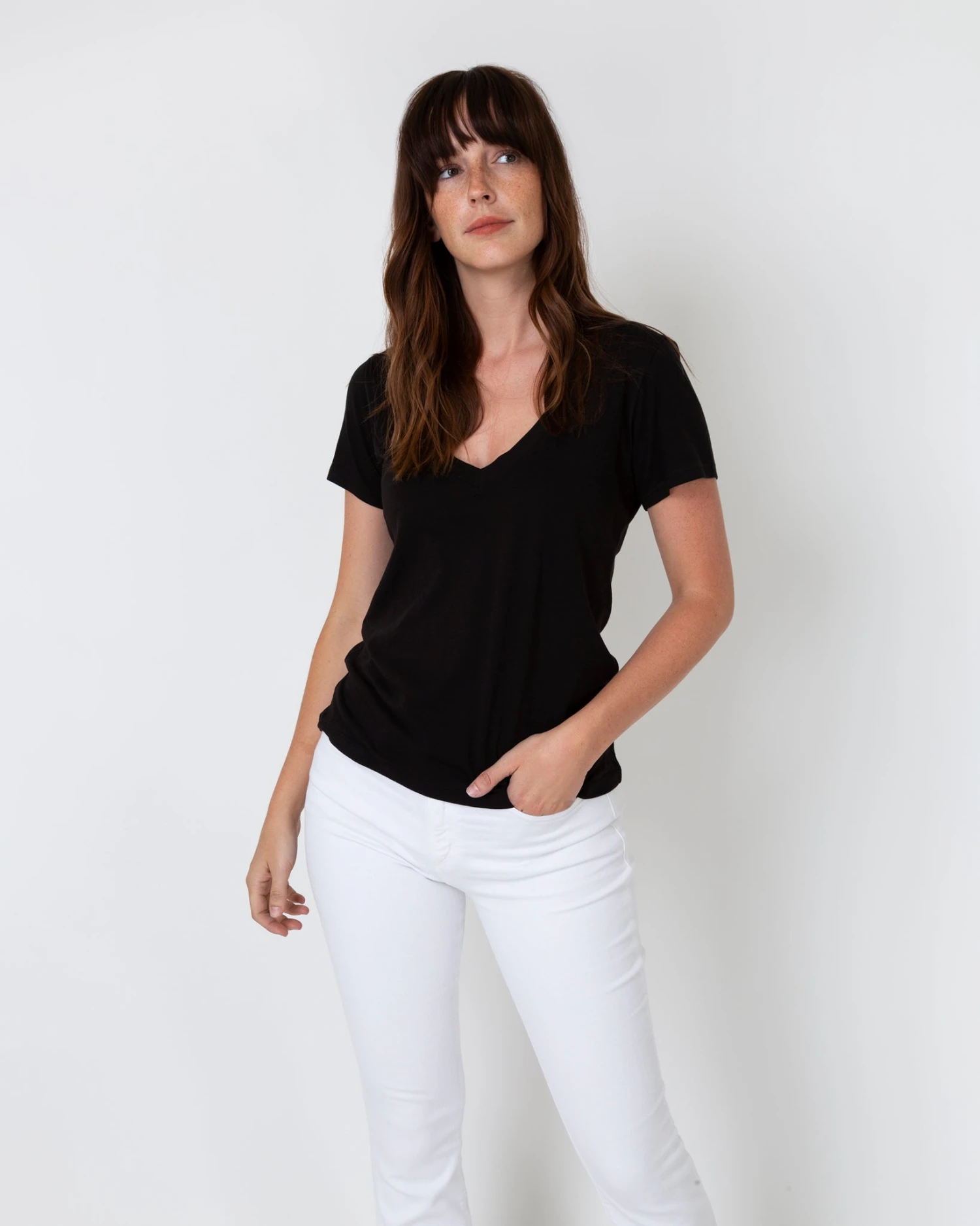 Short-Sleeved Deep-V Tee In Black Pima Cotton - Image 3