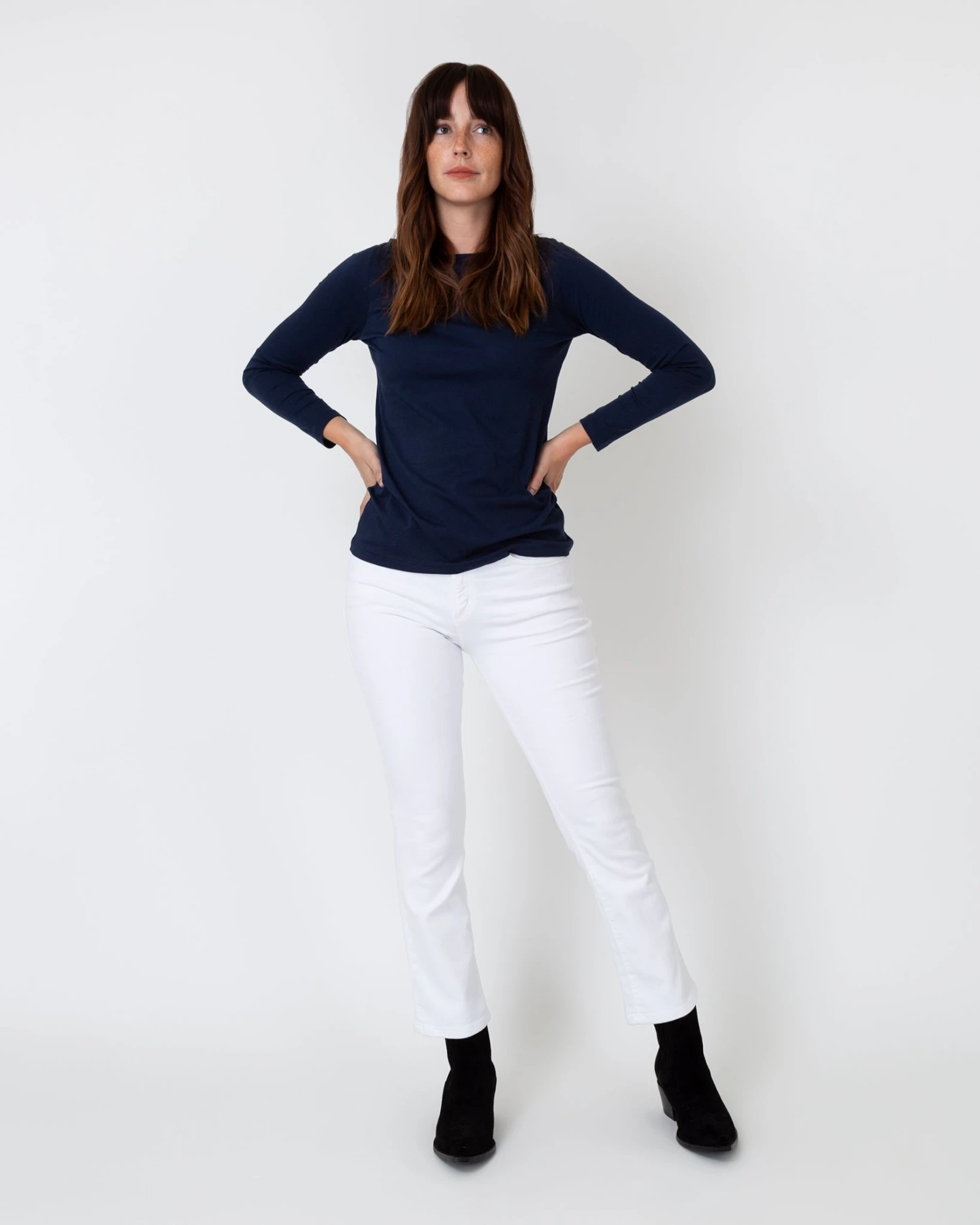 Long-Sleeved Boatneck Tee In Navy Pima Cotton - Image 3
