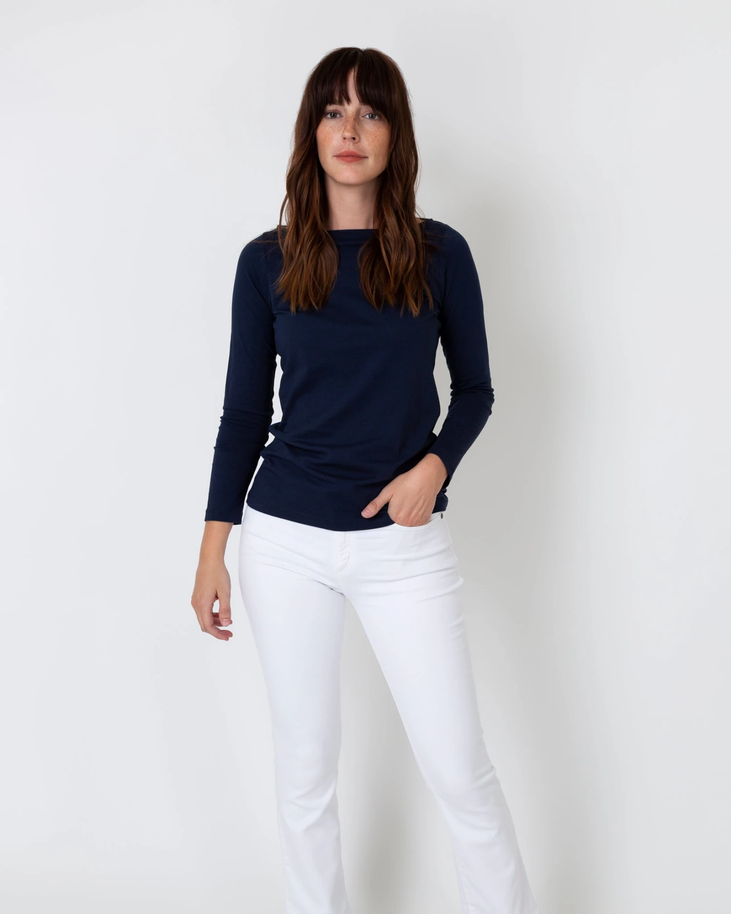 Long-Sleeved Boatneck Tee In Navy Pima Cotton - Image 2
