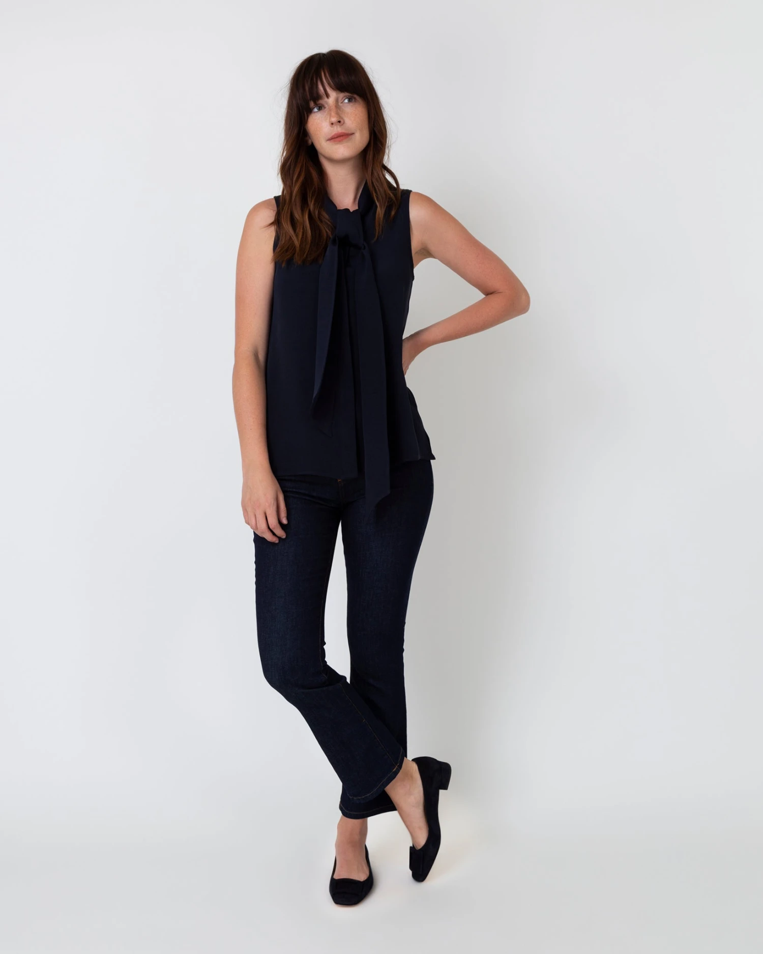Sleeveless Tie-Neck Blouse In Navy Silk Crepe De Chine - Image 2