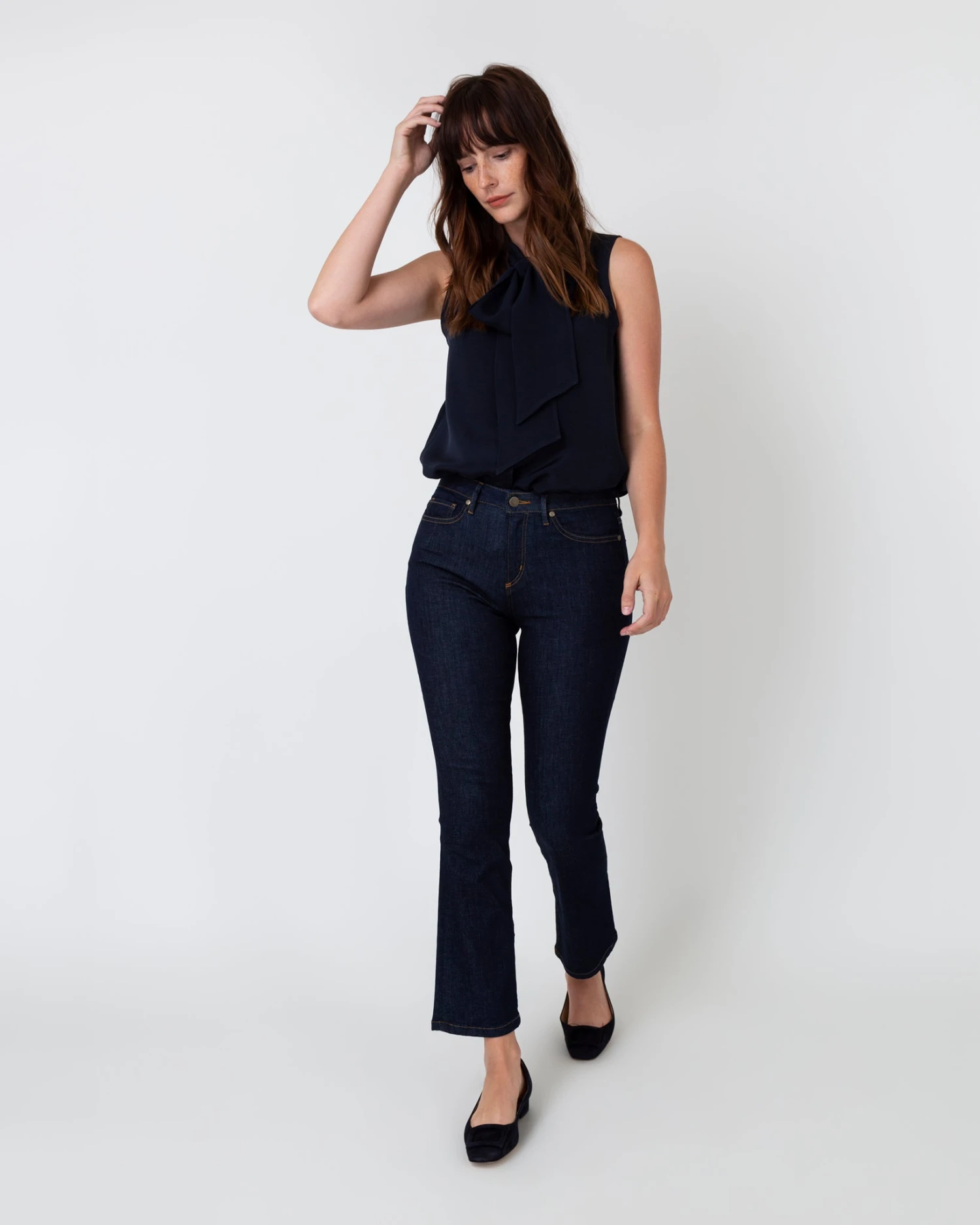 Sleeveless Tie-Neck Blouse In Navy Silk Crepe De Chine - Image 6
