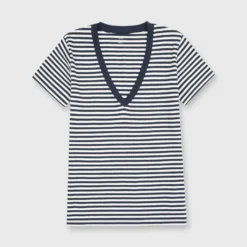 Short-Sleeved Deep-V Tee In Navy/Natural Stripe Jersey
