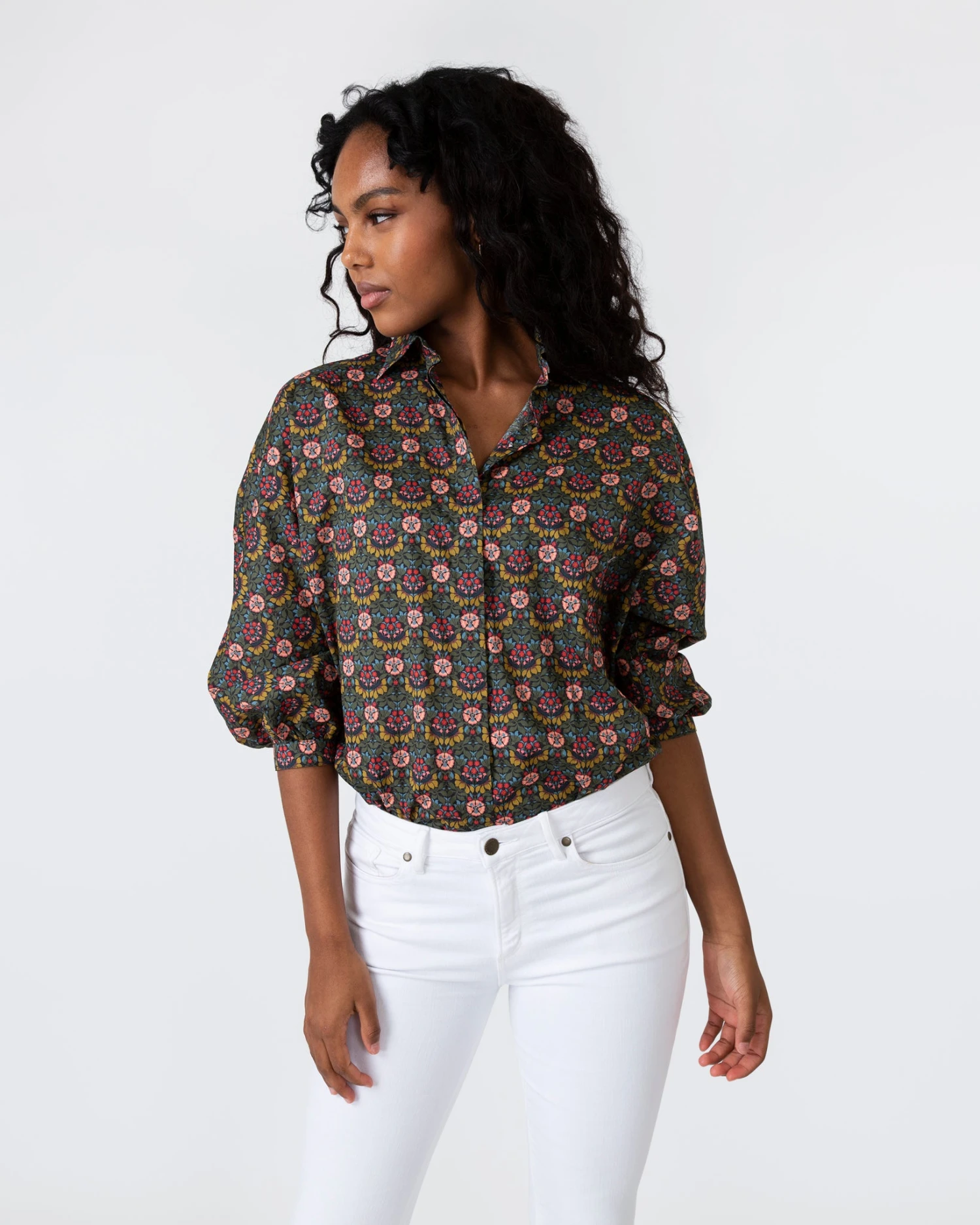 Volume Kimono Shirt In Olive/Berry Multi Persephone Liberty Fabric - Image 3