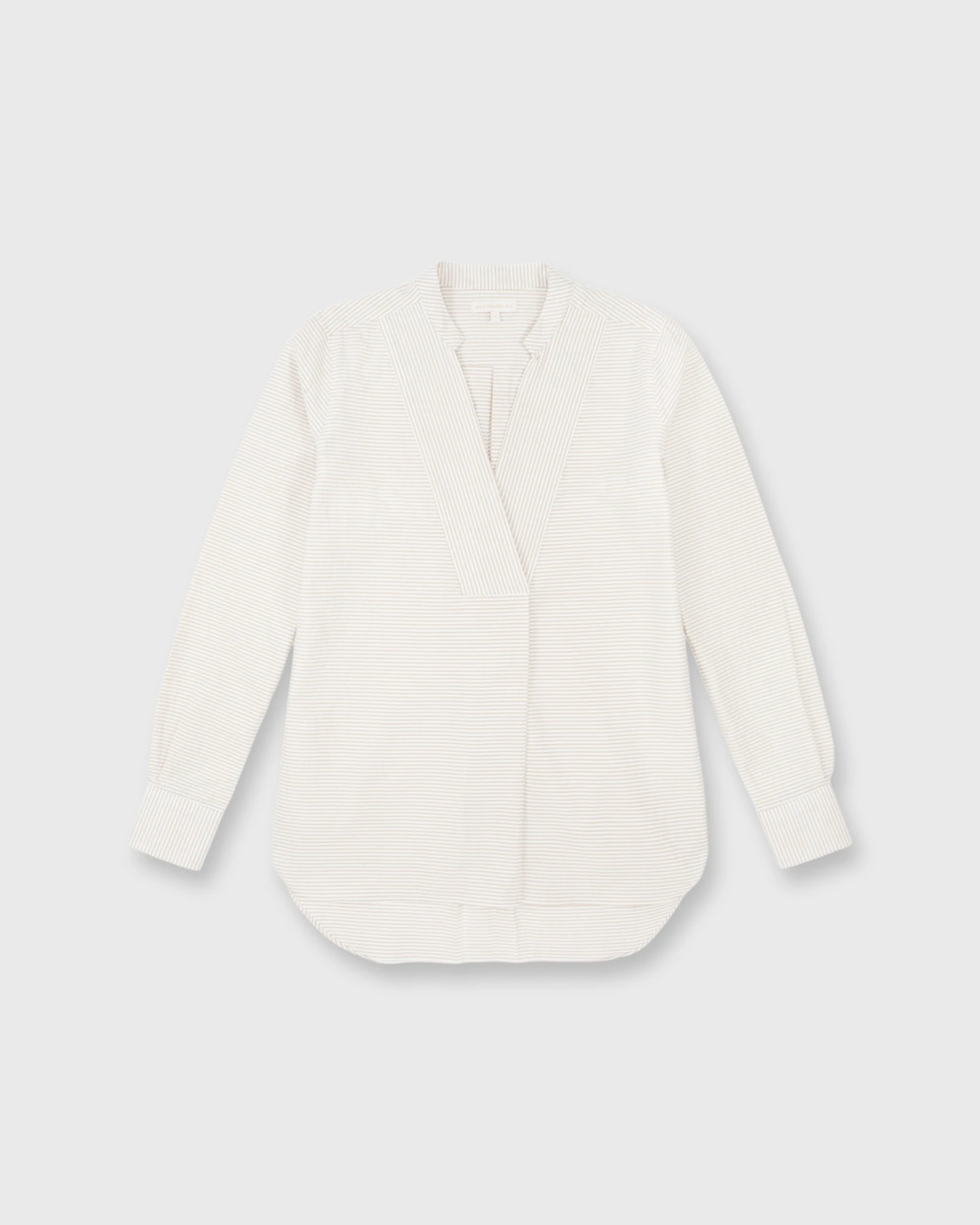 Nyala Shirt In Taupe Horizontal Stripe Seersucker