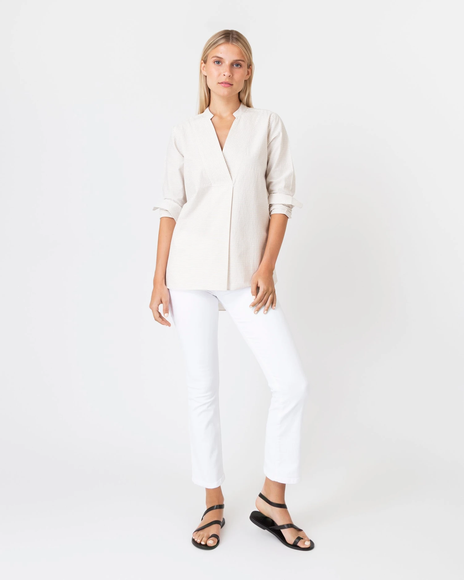 Nyala Shirt In Taupe Horizontal Stripe Seersucker - Image 3