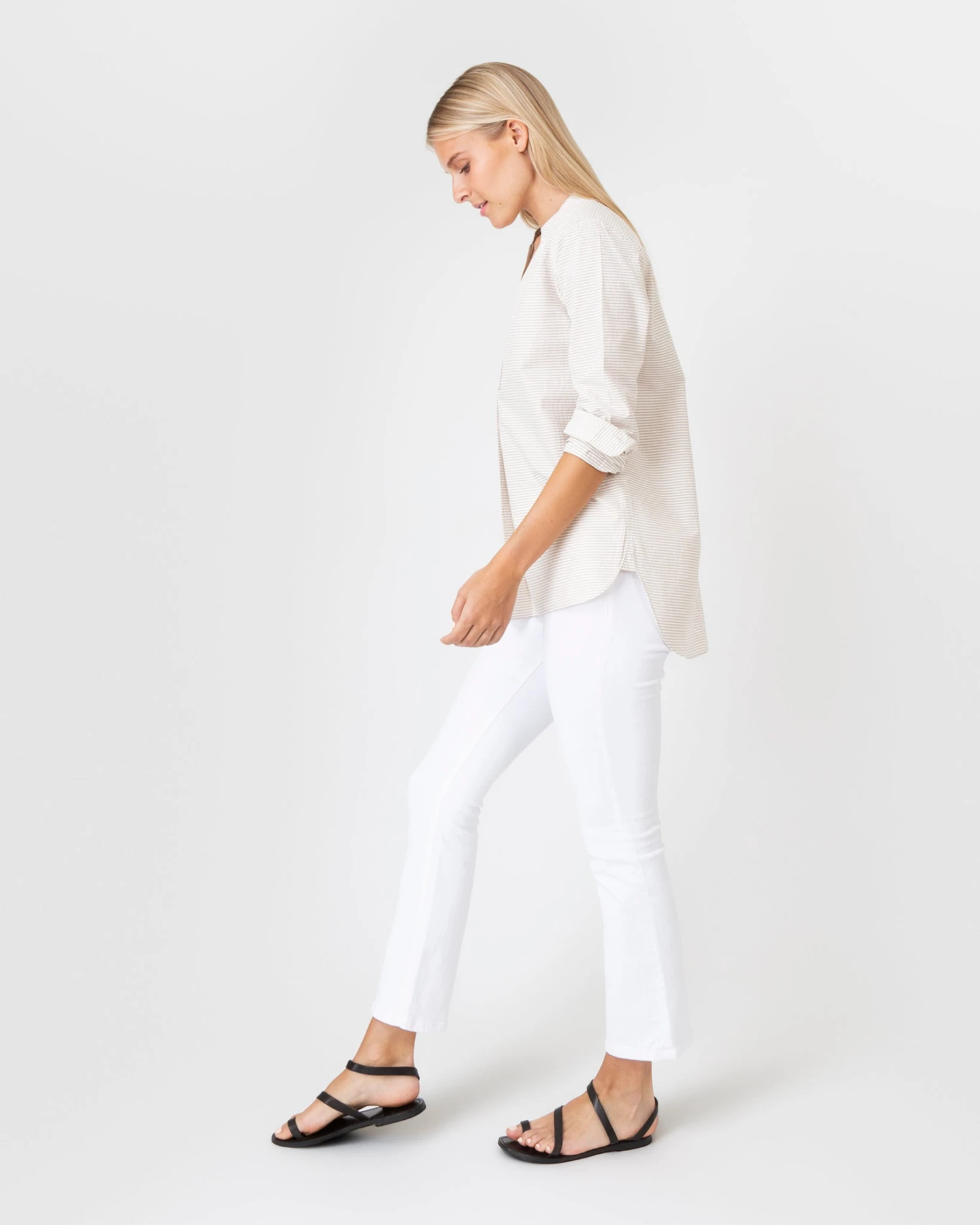 Nyala Shirt In Taupe Horizontal Stripe Seersucker - Image 4