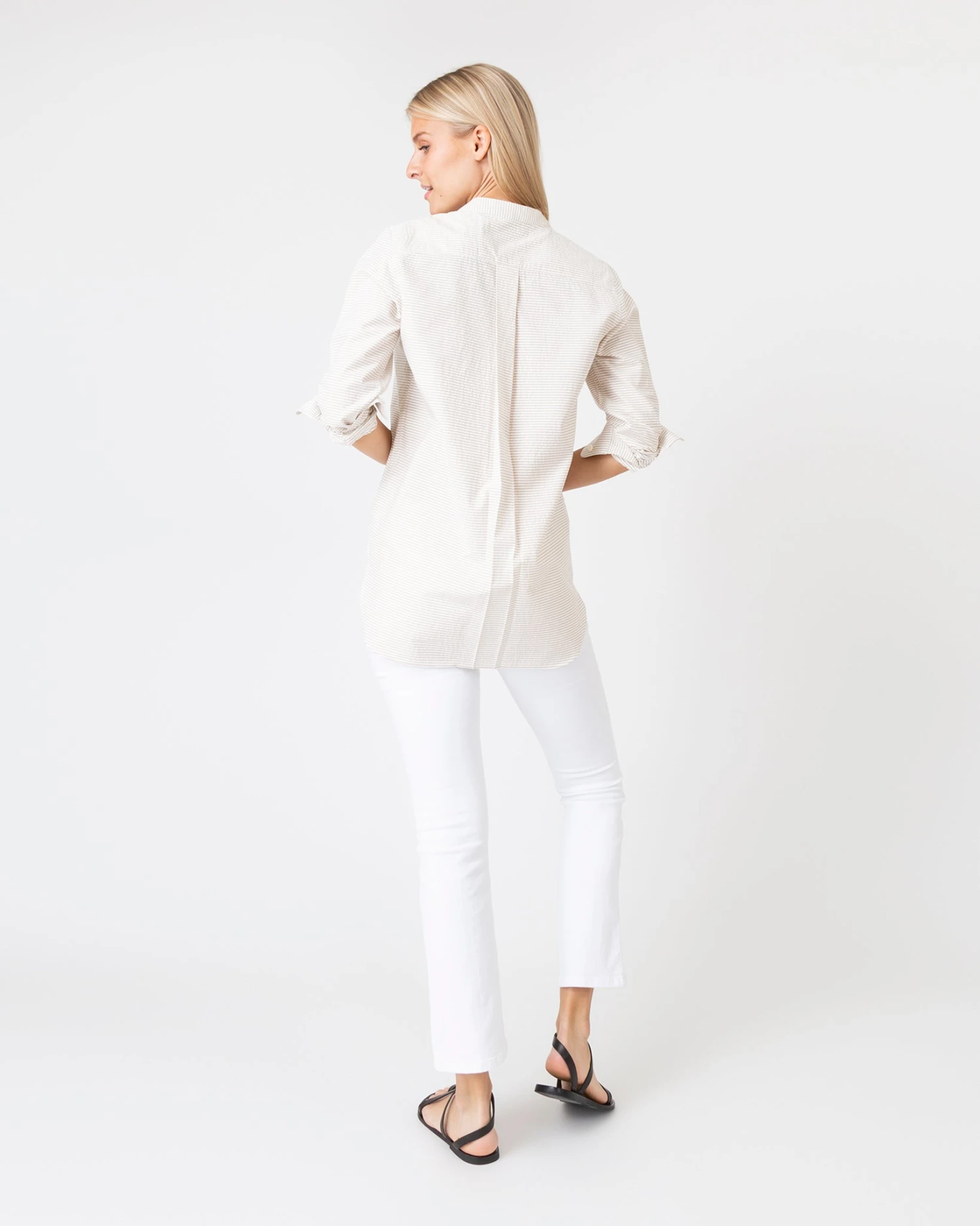 Nyala Shirt In Taupe Horizontal Stripe Seersucker - Image 5