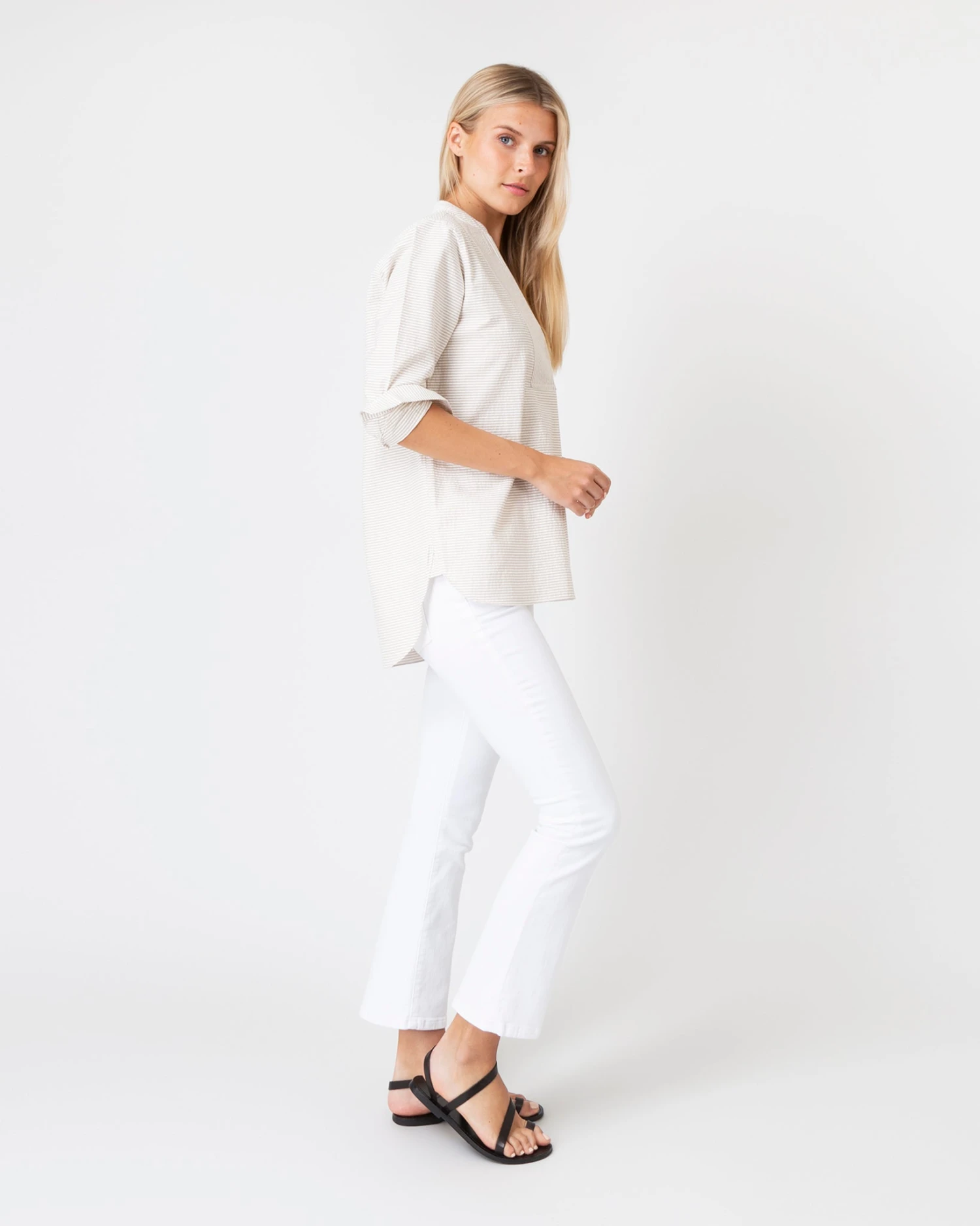 Nyala Shirt In Taupe Horizontal Stripe Seersucker - Image 6