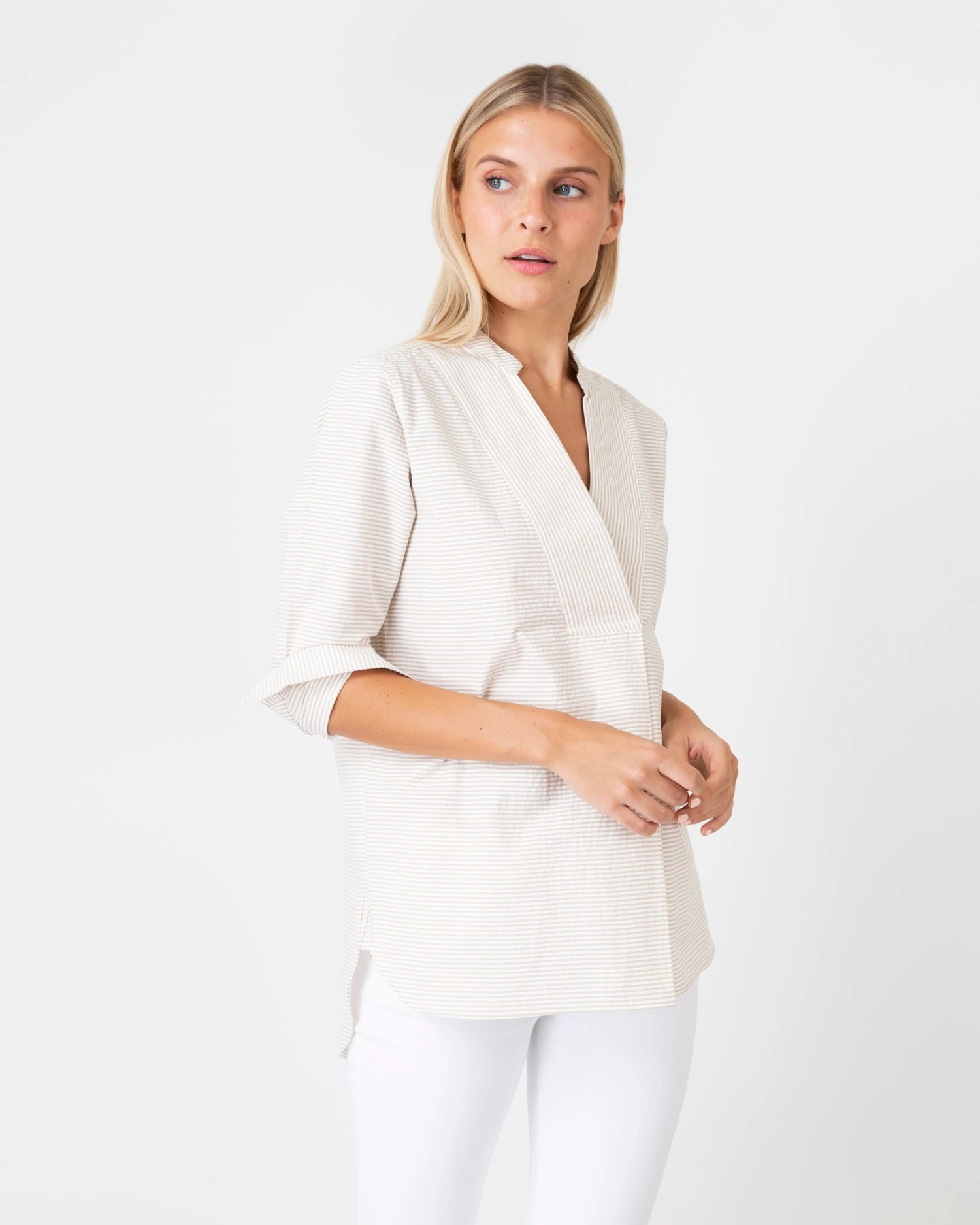 Nyala Shirt In Taupe Horizontal Stripe Seersucker - Image 2