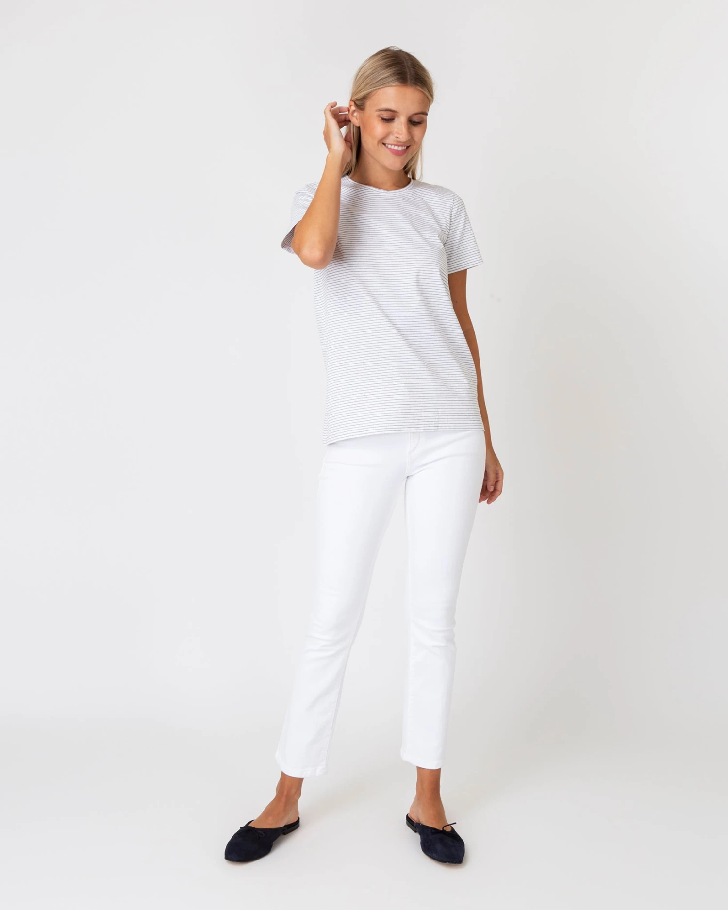 Short-Sleeved Relaxed Tee In White/Heather Grey Stripe Jersey - Image 3