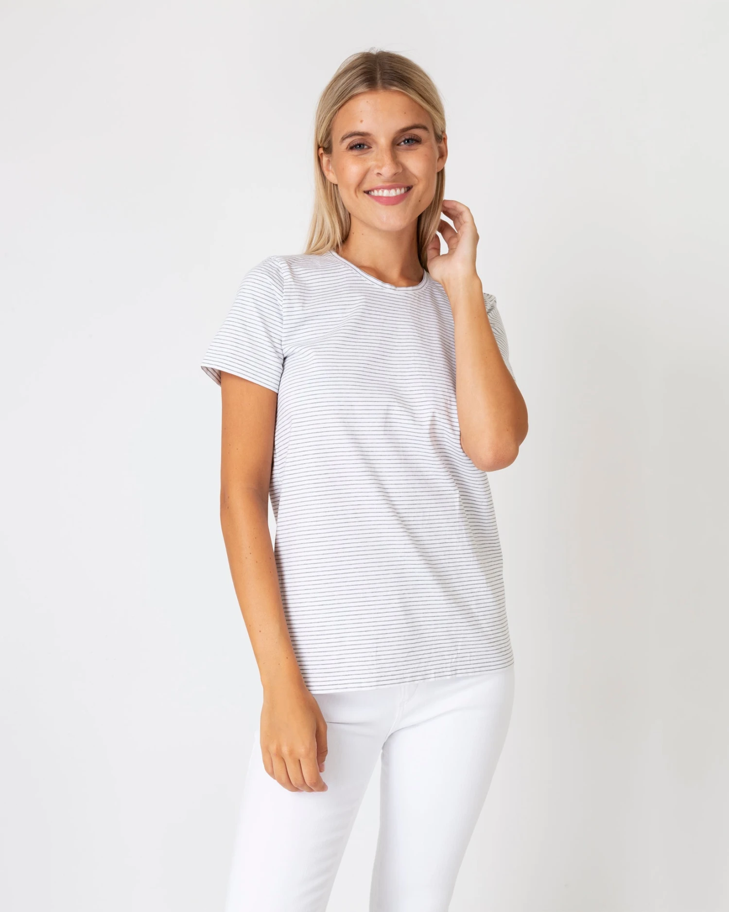 Short-Sleeved Relaxed Tee In White/Heather Grey Stripe Jersey - Image 2
