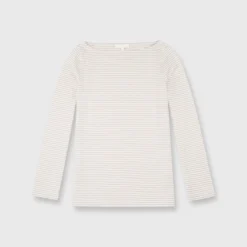 Long-Sleeved Boatneck Tee In Taupe/Ivory Stripe Compact Jersey