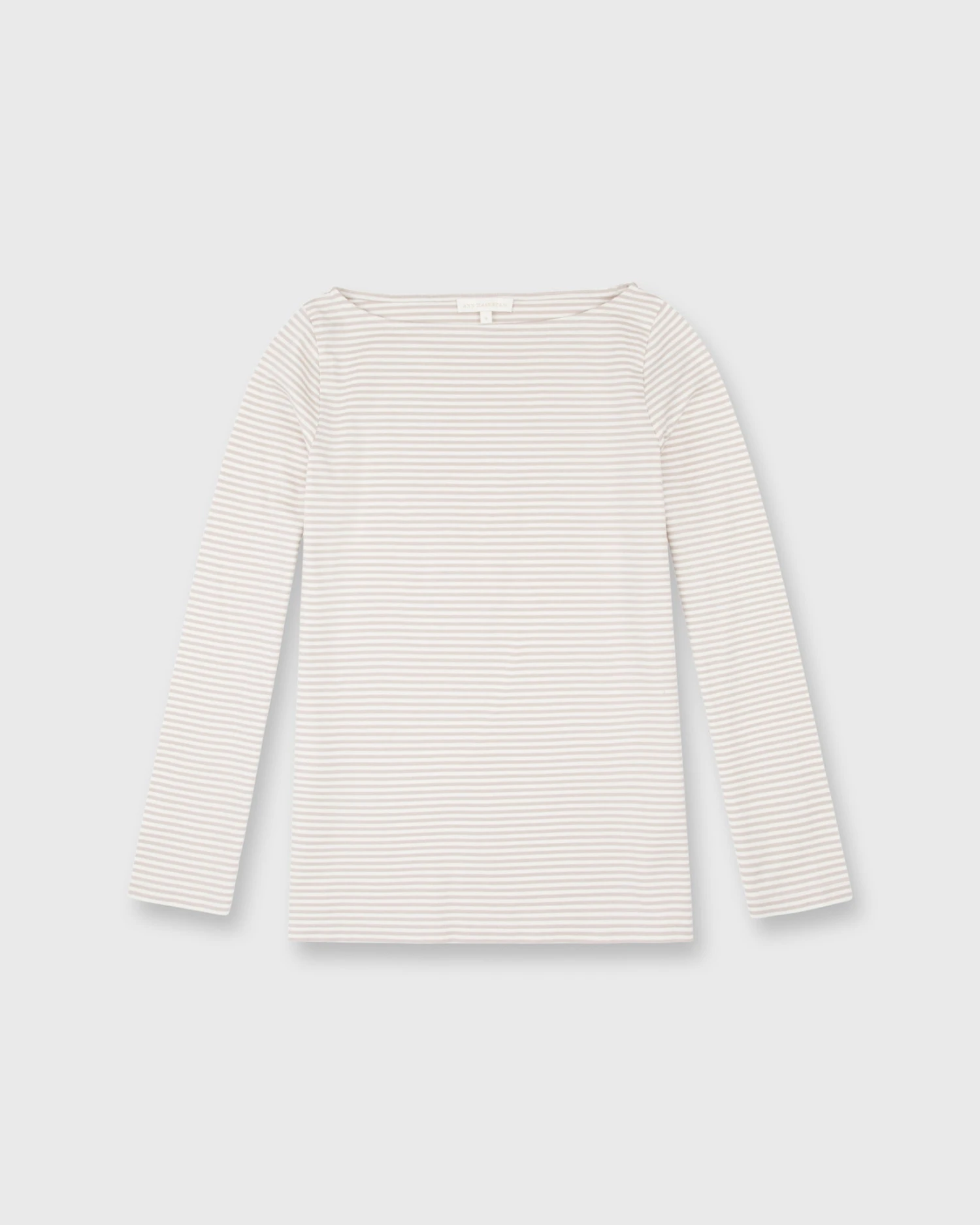 Long-Sleeved Boatneck Tee In Taupe/Ivory Stripe Compact Jersey