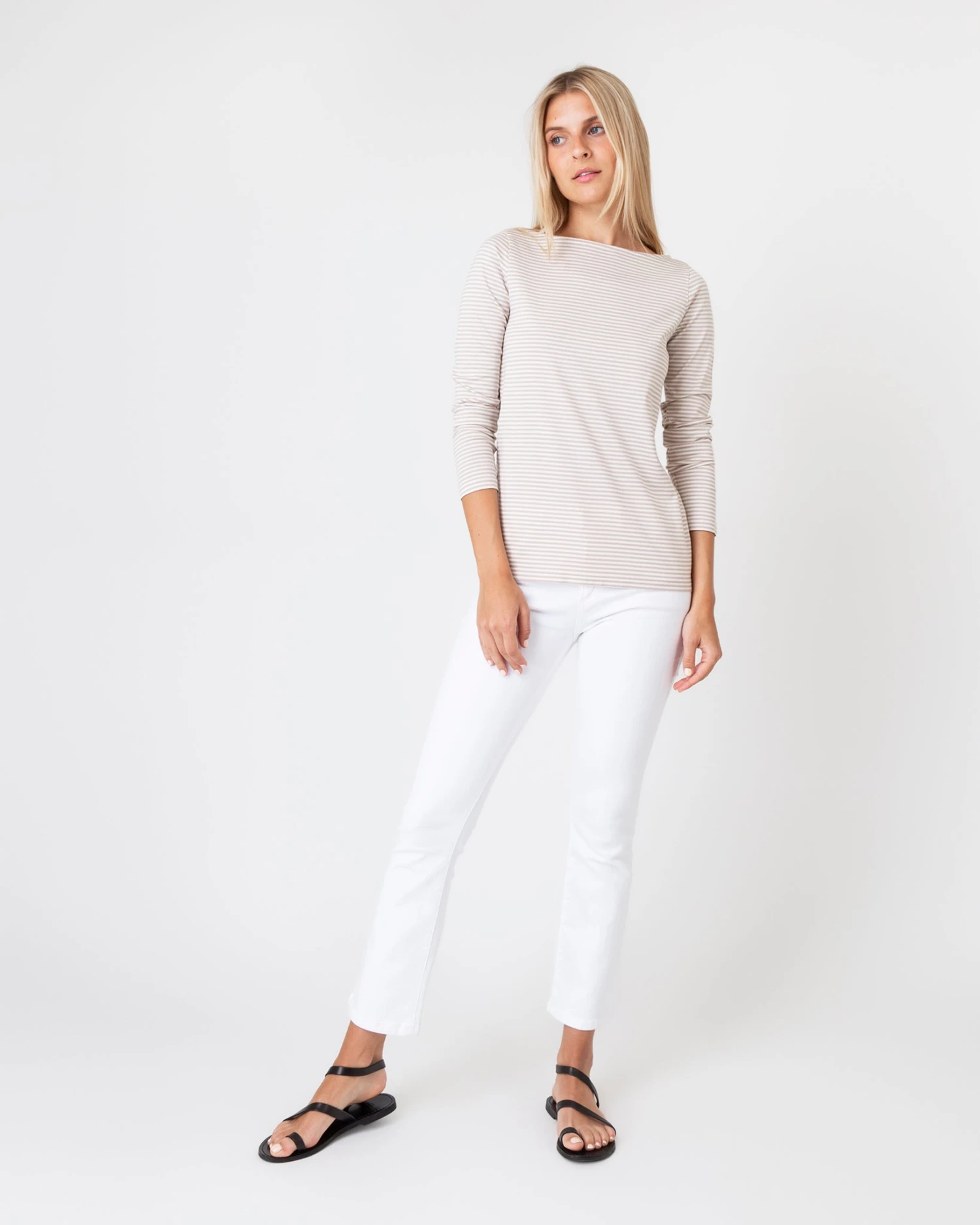 Long-Sleeved Boatneck Tee In Taupe/Ivory Stripe Compact Jersey - Image 3