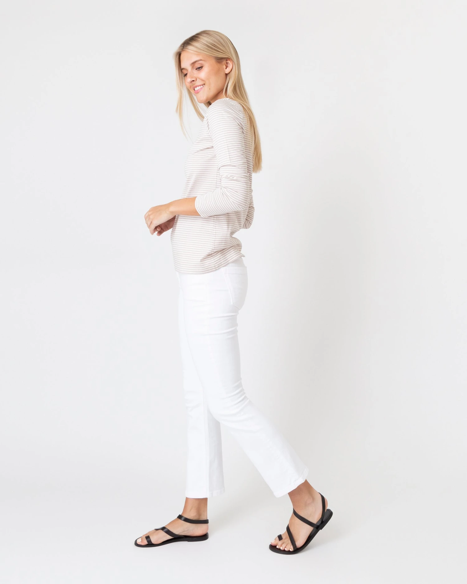 Long-Sleeved Boatneck Tee In Taupe/Ivory Stripe Compact Jersey - Image 4