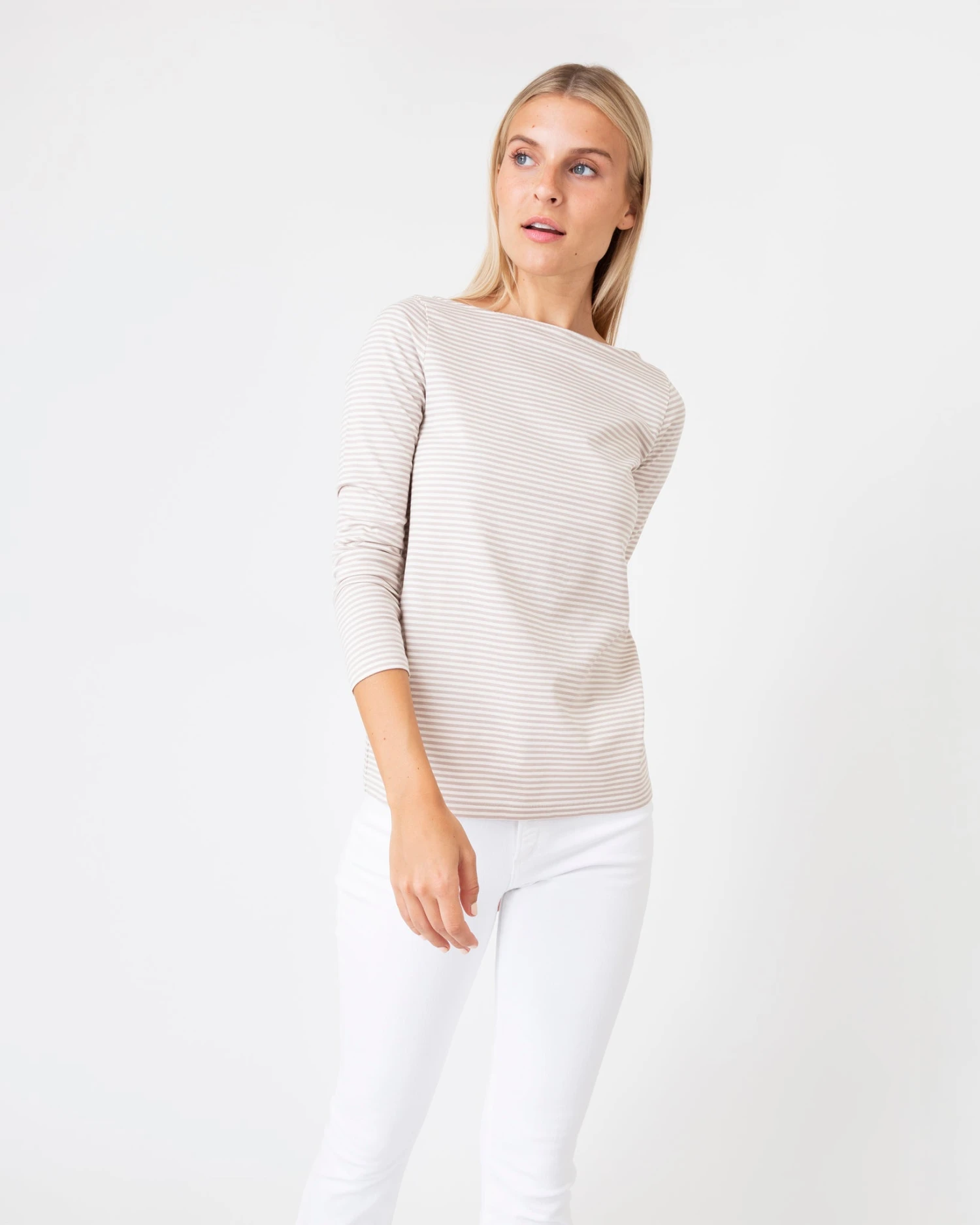 Long-Sleeved Boatneck Tee In Taupe/Ivory Stripe Compact Jersey - Image 2