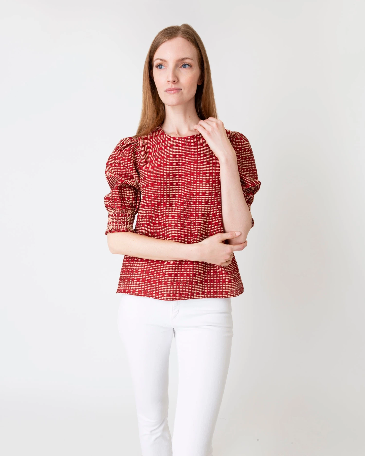 Renata Top In Red/Natural Rustic Jacquard - Image 3