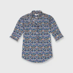 Elbow-Sleeve Frill Shirt In Blue/Gold Strawberry Thief Liberty Fabric