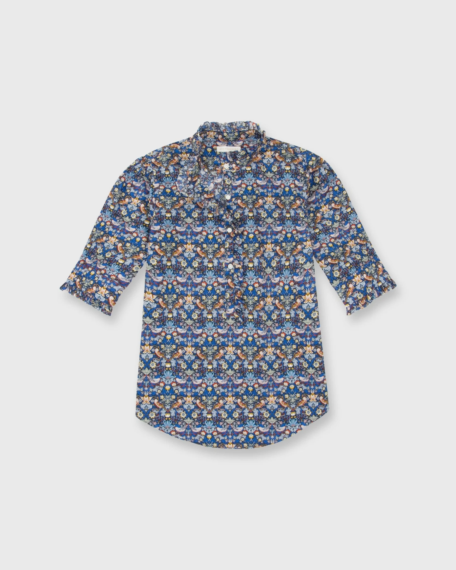 Elbow-Sleeve Frill Shirt In Blue/Gold Strawberry Thief Liberty Fabric