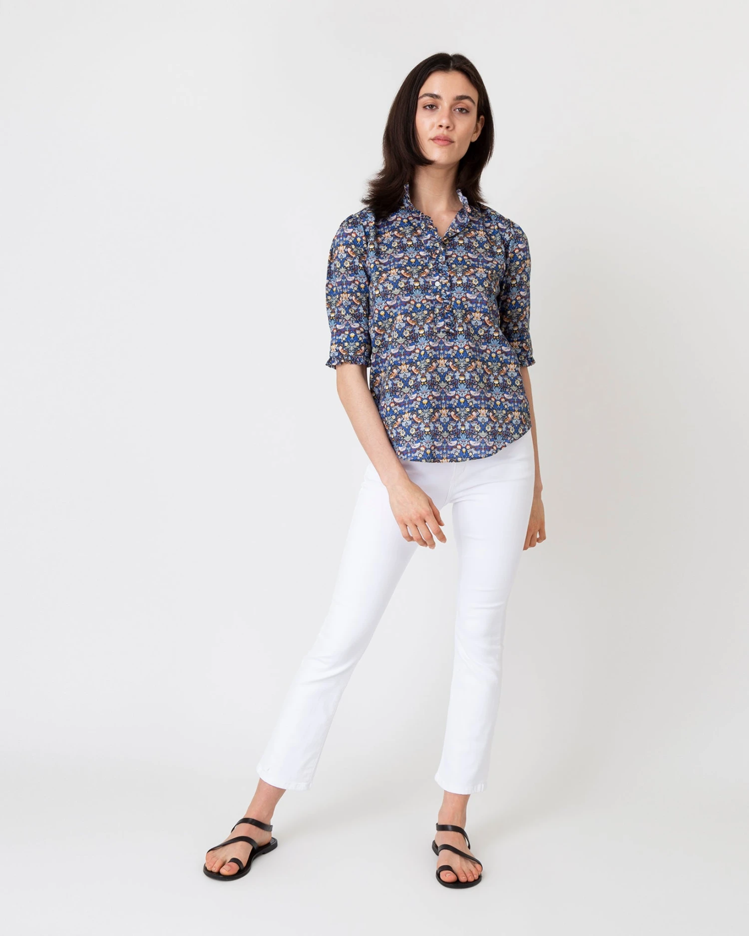 Elbow-Sleeve Frill Shirt In Blue/Gold Strawberry Thief Liberty Fabric - Image 2