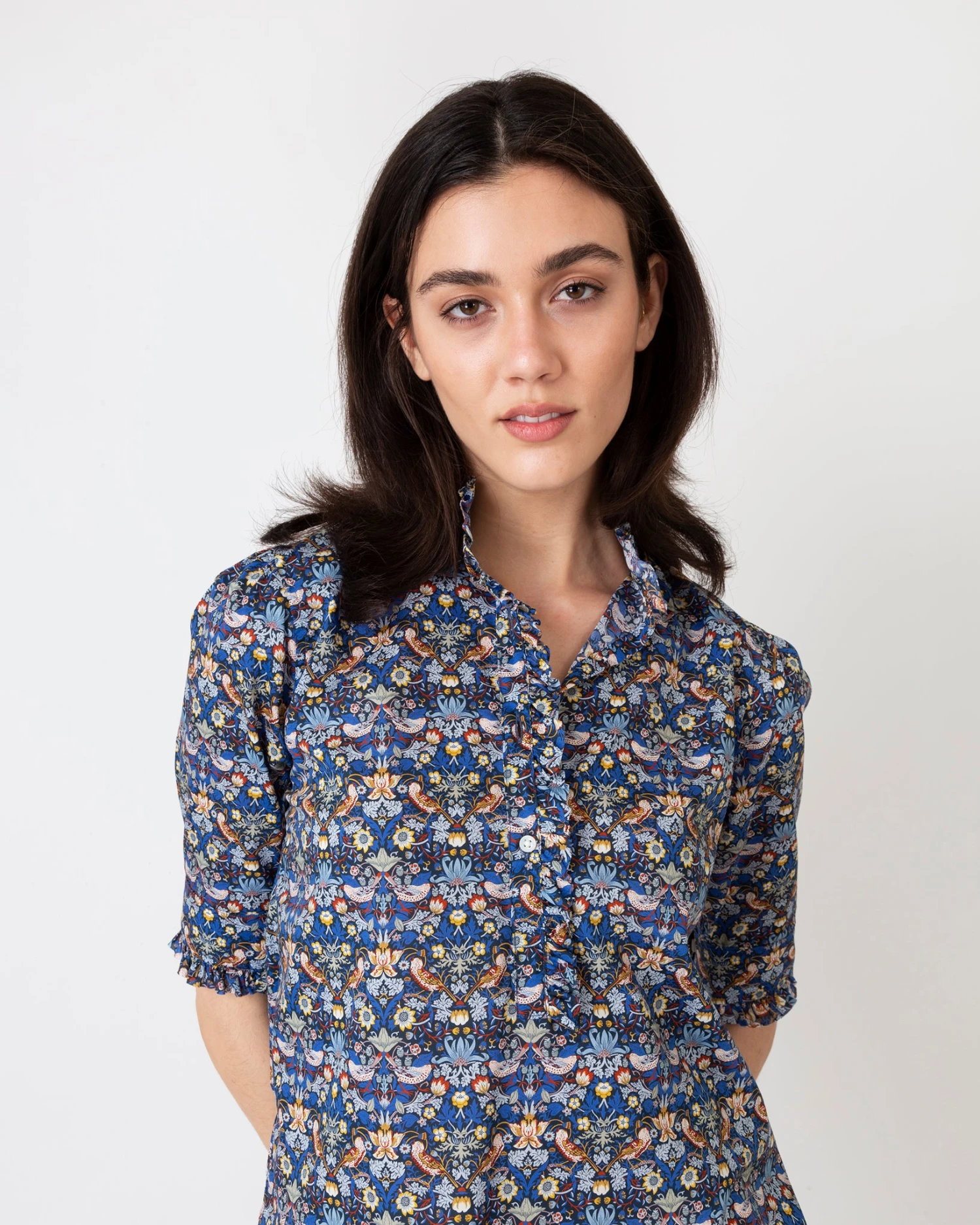 Elbow-Sleeve Frill Shirt In Blue/Gold Strawberry Thief Liberty Fabric - Image 3