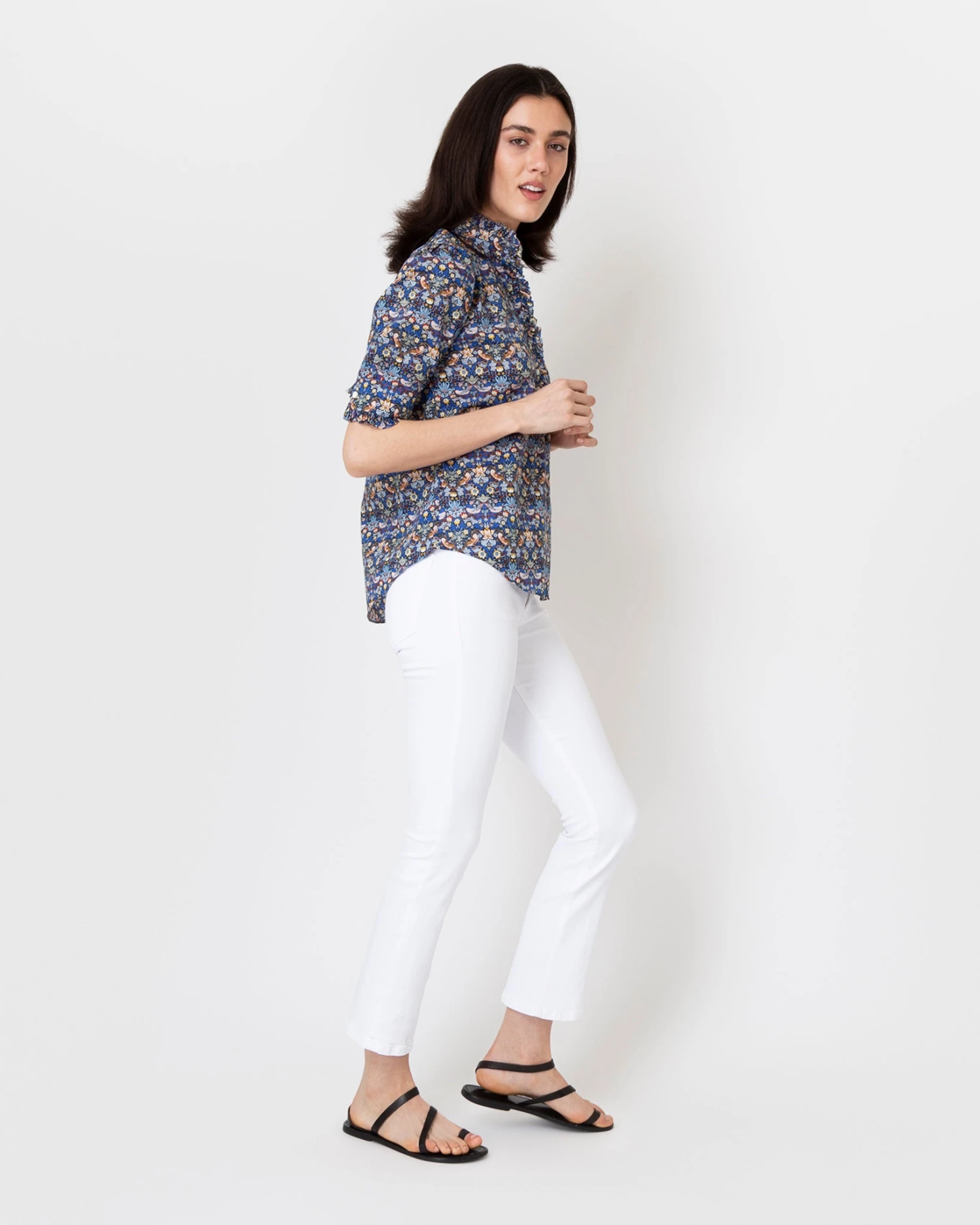 Elbow-Sleeve Frill Shirt In Blue/Gold Strawberry Thief Liberty Fabric - Image 5