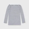 Long-Sleeved Boatneck Tee In White/Navy Stripe Compact Jersey