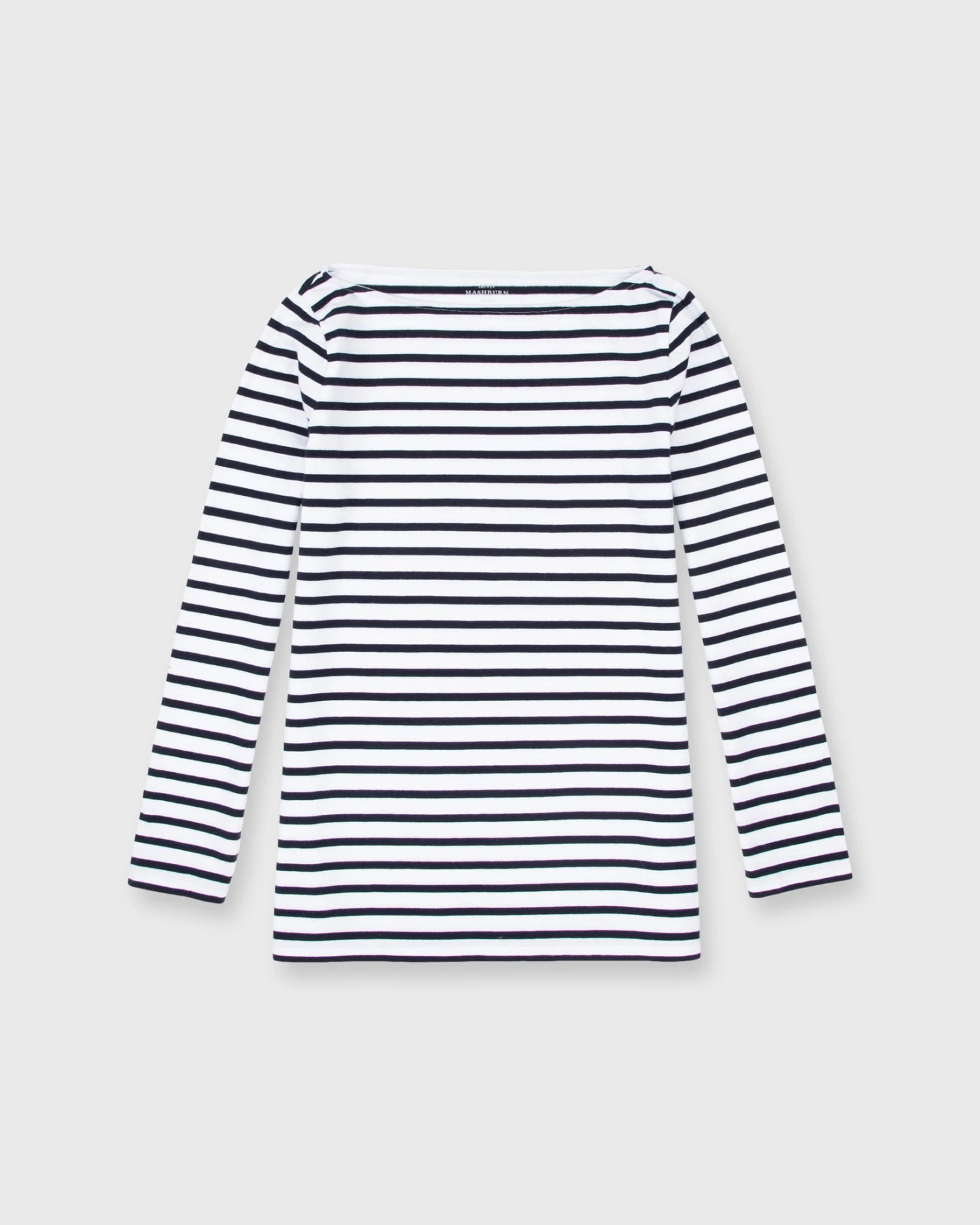 Long-Sleeved Boatneck Tee In White/Navy Stripe Compact Jersey