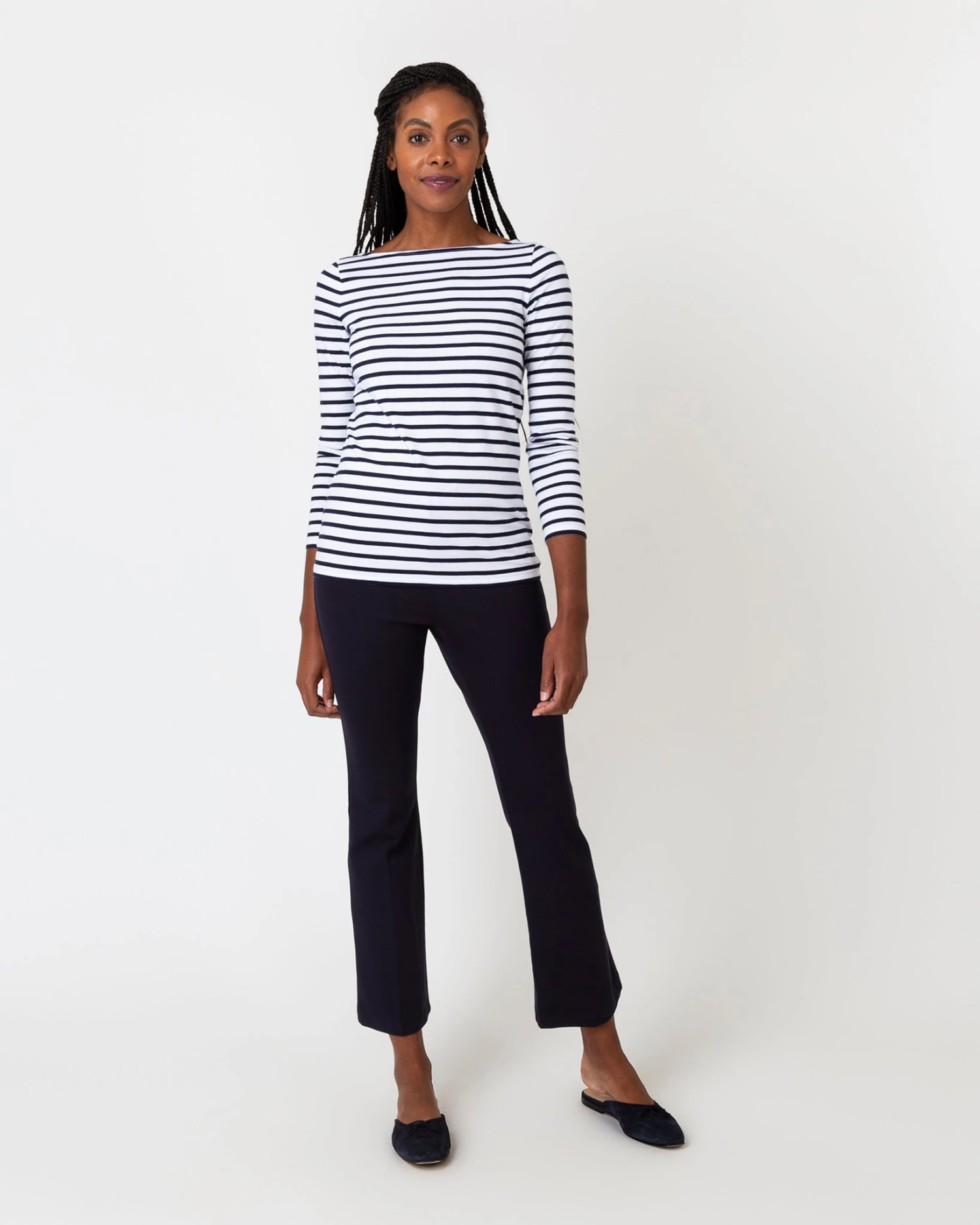 Long-Sleeved Boatneck Tee In White/Navy Stripe Compact Jersey - Image 4