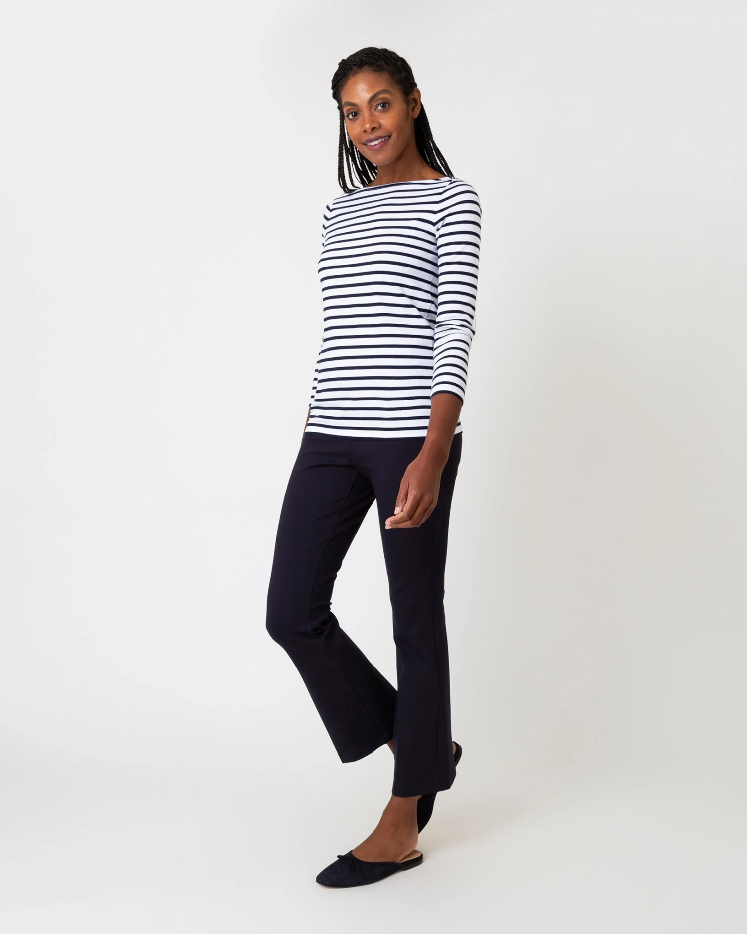 Long-Sleeved Boatneck Tee In White/Navy Stripe Compact Jersey - Image 3