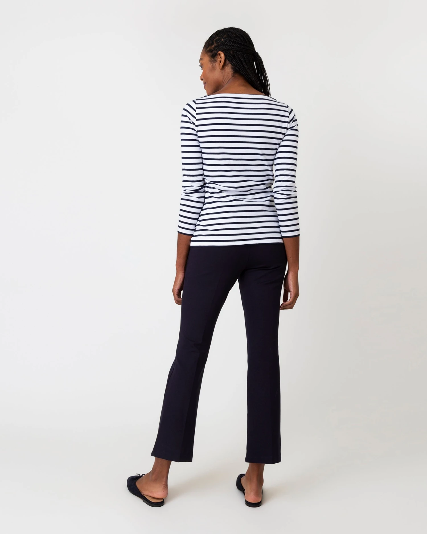 Long-Sleeved Boatneck Tee In White/Navy Stripe Compact Jersey - Image 5