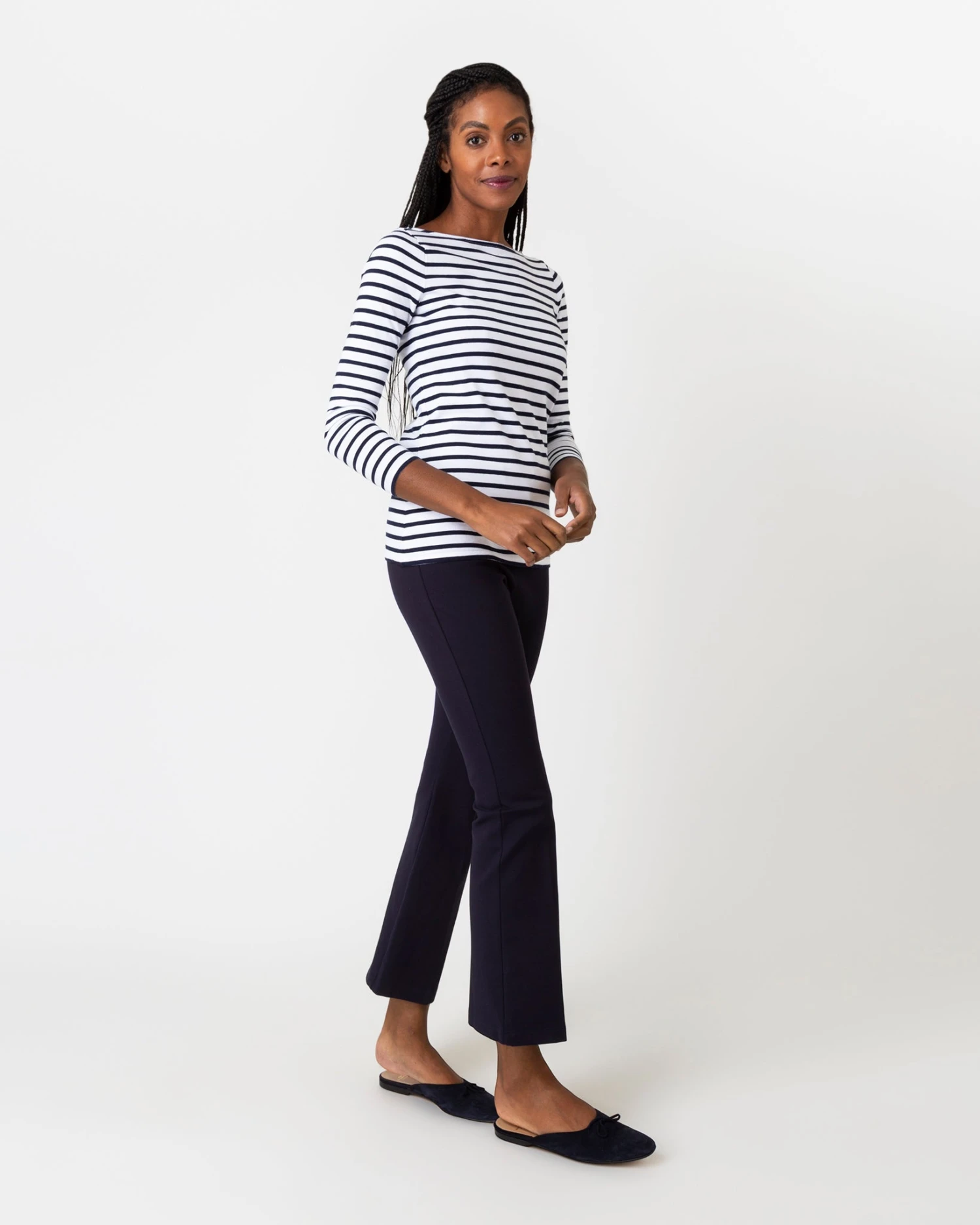 Long-Sleeved Boatneck Tee In White/Navy Stripe Compact Jersey - Image 6