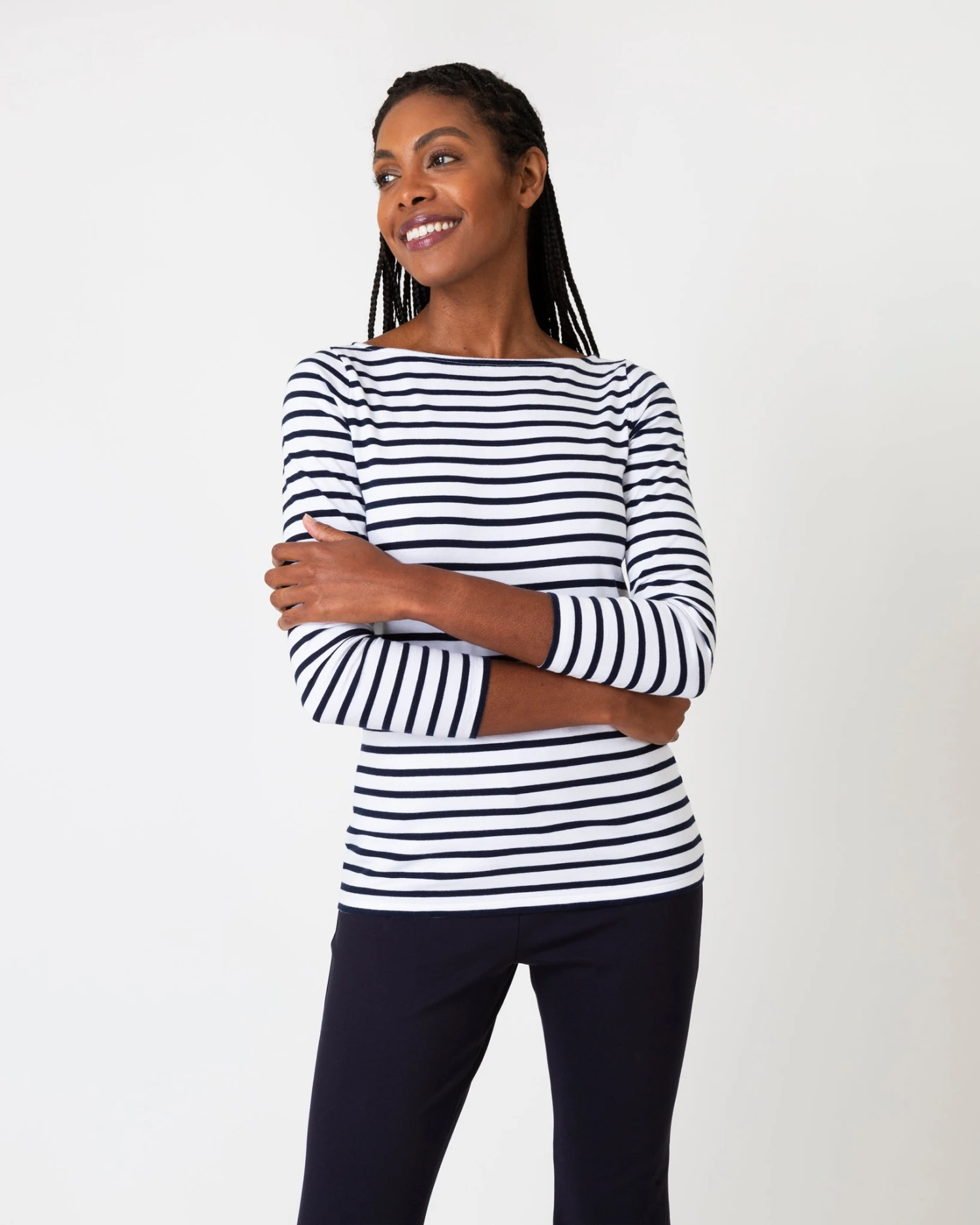 Long-Sleeved Boatneck Tee In White/Navy Stripe Compact Jersey - Image 7
