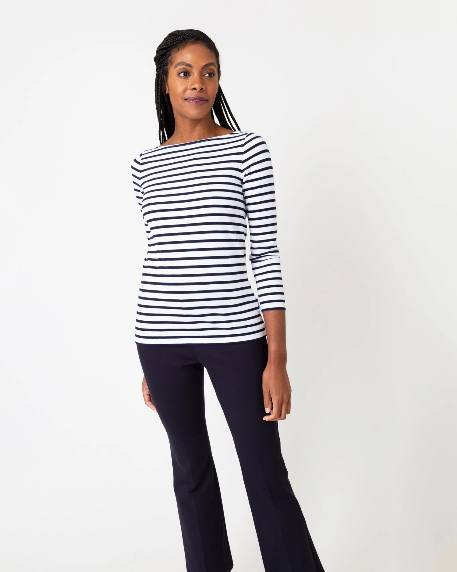 Long-Sleeved Boatneck Tee In White/Navy Stripe Compact Jersey - Image 2